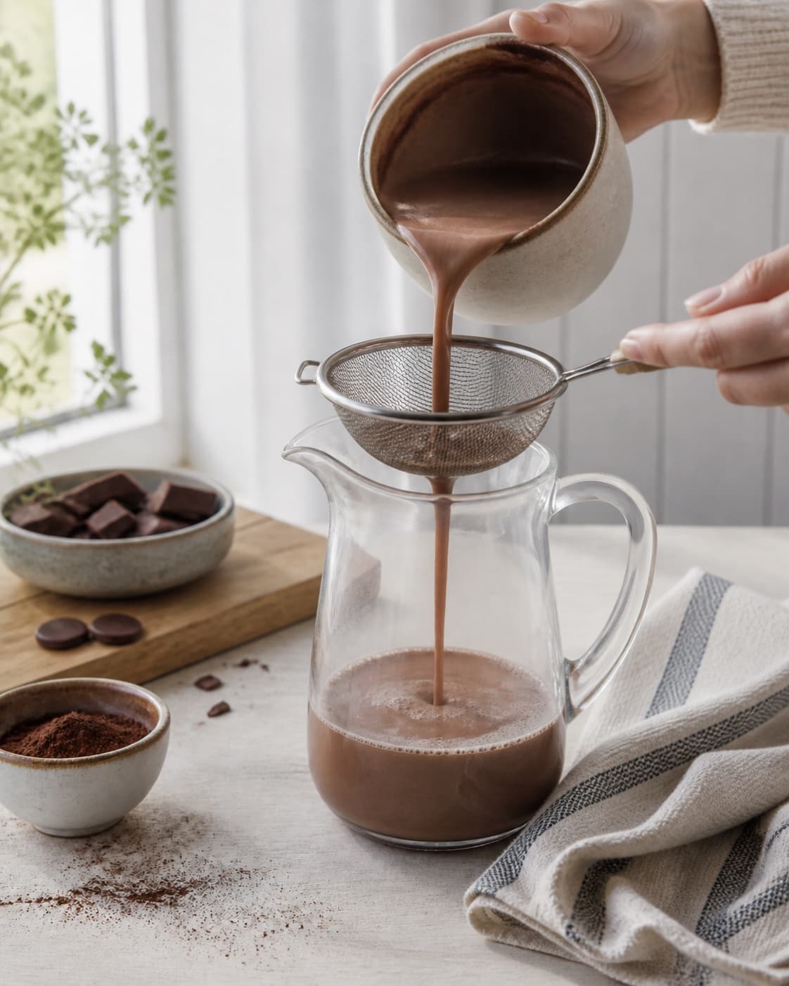 varm chokolade being strained into a clean pitcher under tilberedningen af varm chokolade