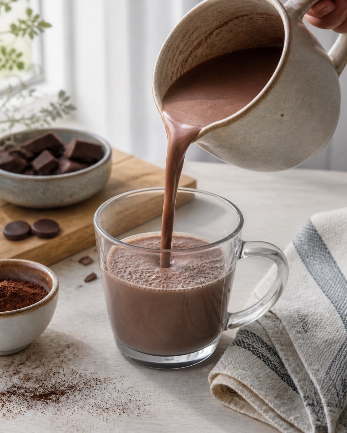 Finished varm chokolade being poured into a clean serving glass under tilberedningen af varm chokolade