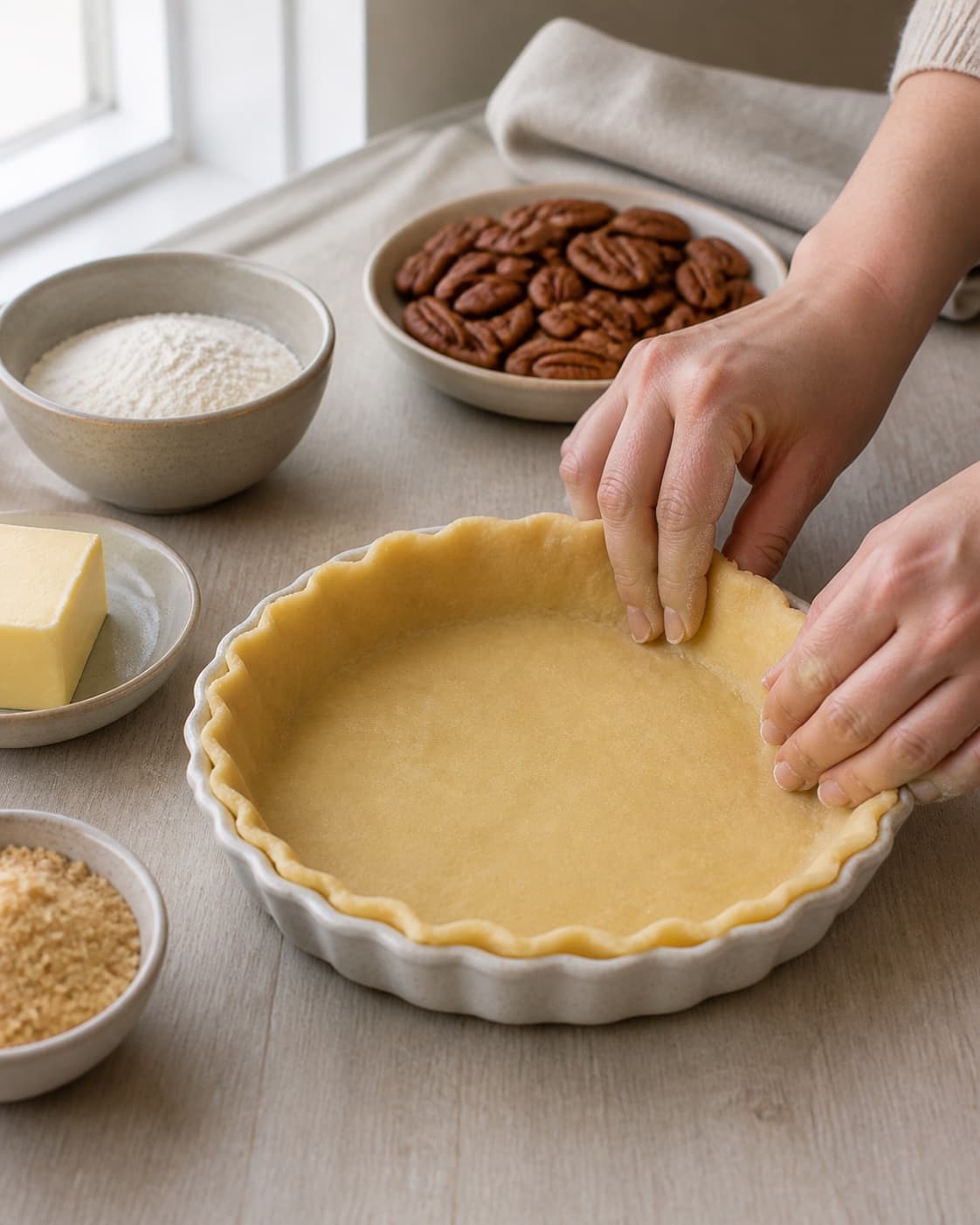 Measured ingredients for pecan pie arranged separately with pekannødder, hvedemel, smør, rørsukker under tilberedningen af pecan pie