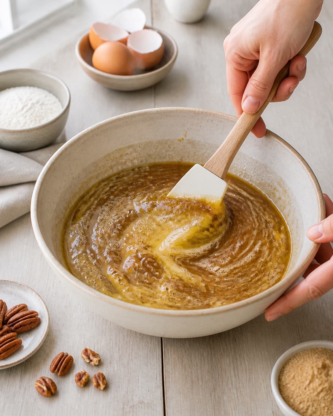 The batter or dough for pecan pie being gently combined under tilberedningen af pecan pie