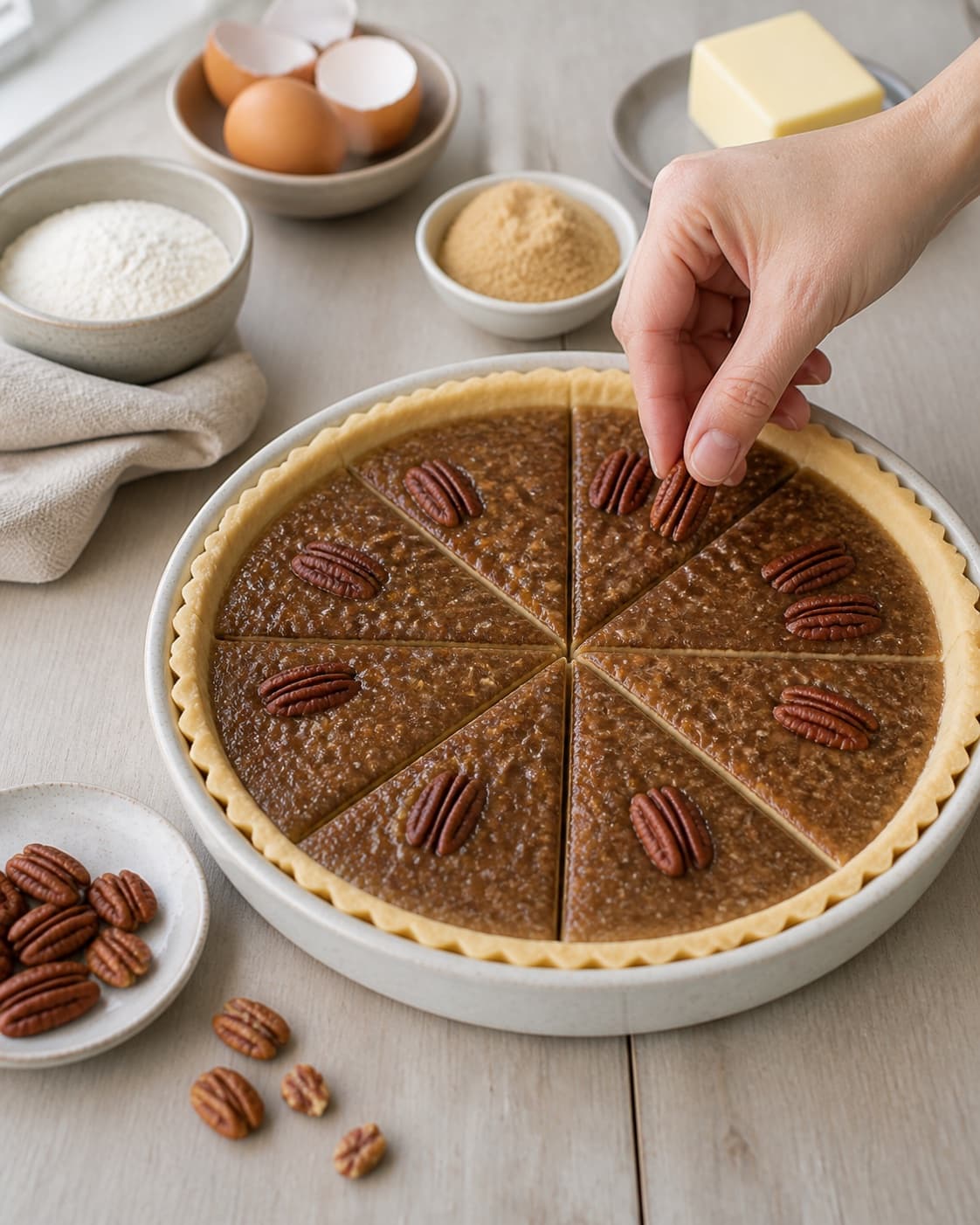 pecan pie being portioned evenly before baking under tilberedningen af pecan pie