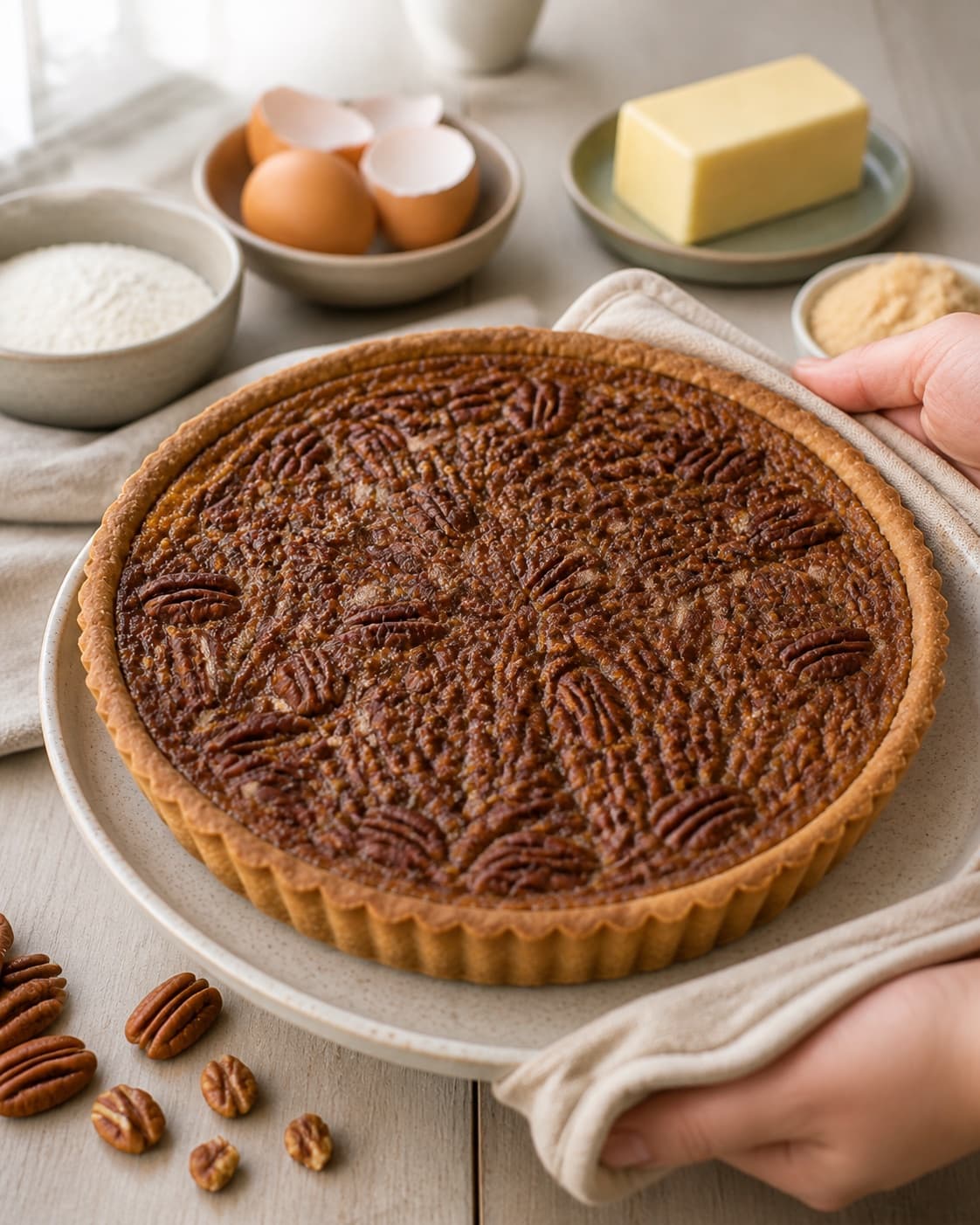 pecan pie baking until golden with a visibly set centre under tilberedningen af pecan pie