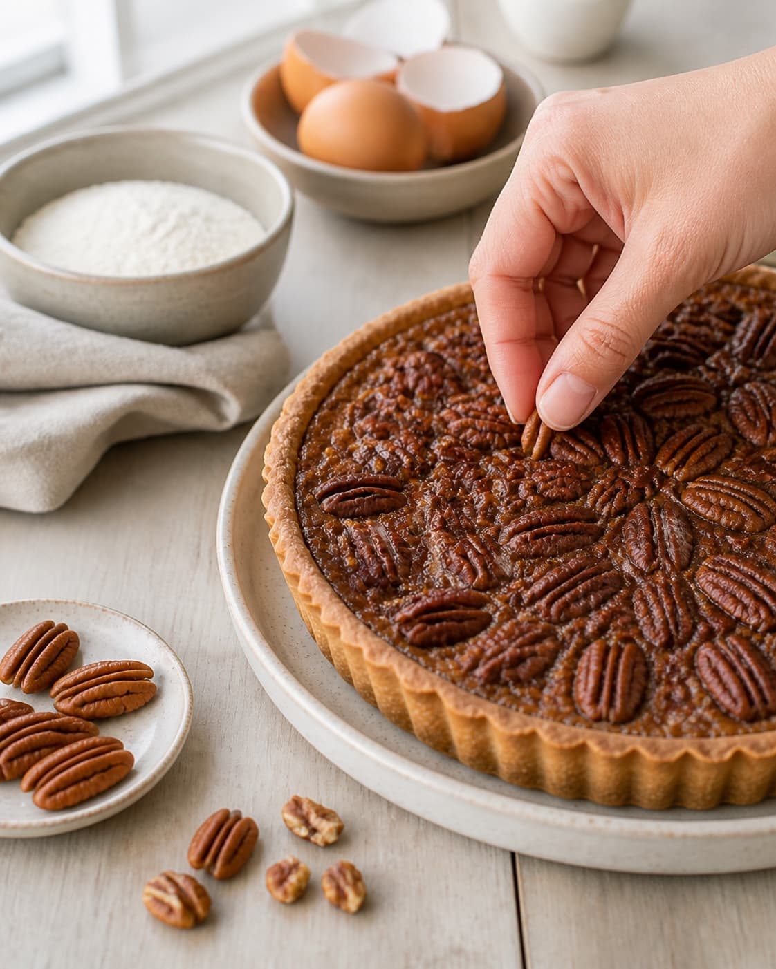 Finished pecan pie receiving its final garnish after cooling under tilberedningen af pecan pie