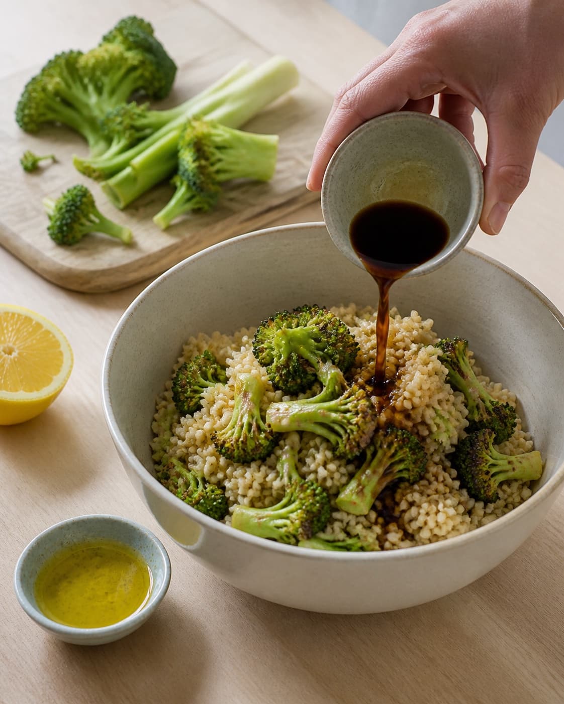 Clean prepared ingredients for salat med stegt broccolistok og brune ris i soyadressing with brune ris, sojasauce, økologisk citron, ekstra jomfruolivenolie under tilberedningen af salat med stegt broccolistok og brune ris i soyadressing