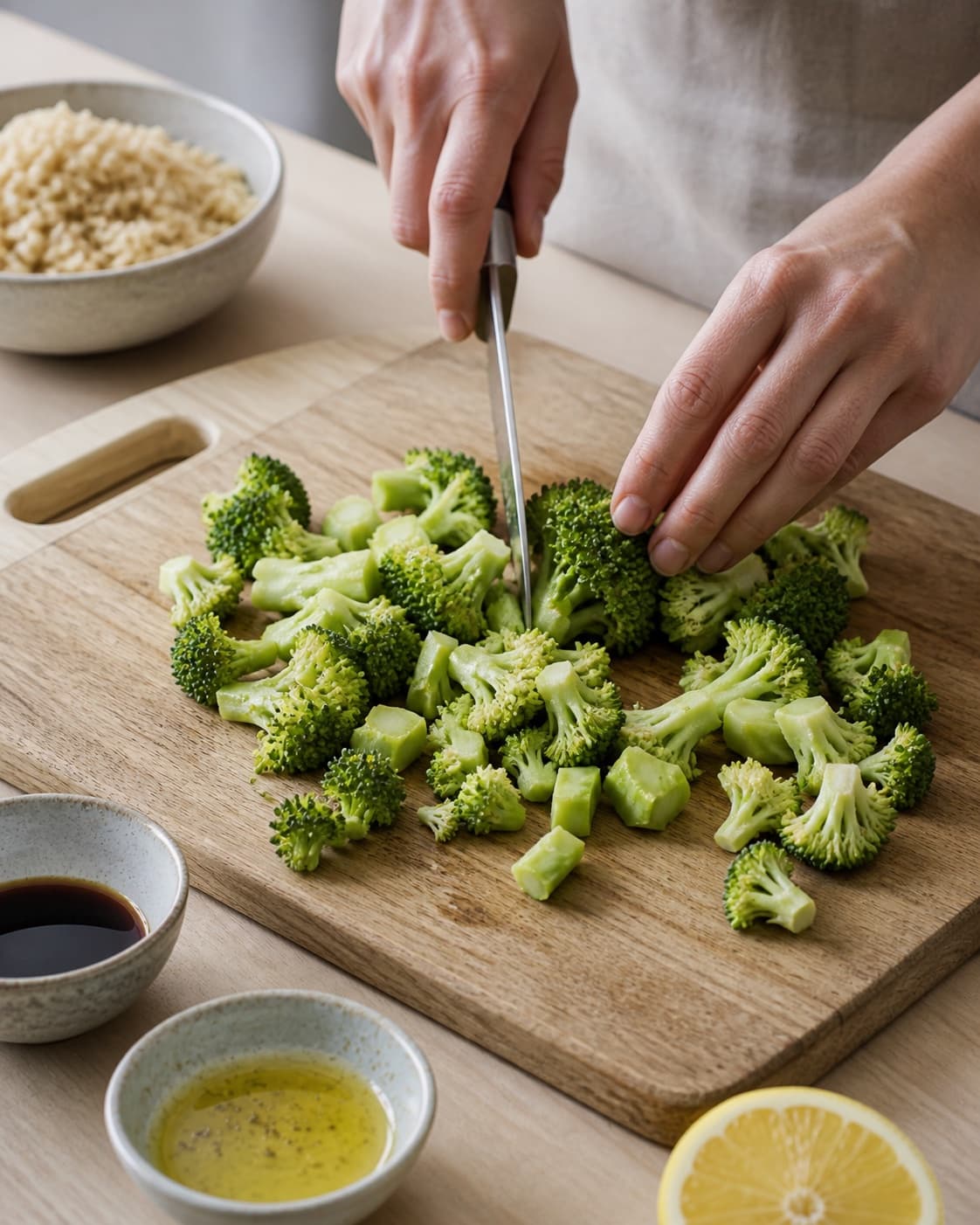 Ingredients for salat med stegt broccolistok og brune ris i soyadressing being cut into even pieces under tilberedningen af salat med stegt broccolistok og brune ris i soyadressing