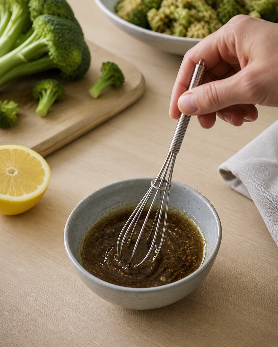 Dressing for salat med stegt broccolistok og brune ris i soyadressing being whisked until glossy under tilberedningen af salat med stegt broccolistok og brune ris i soyadressing
