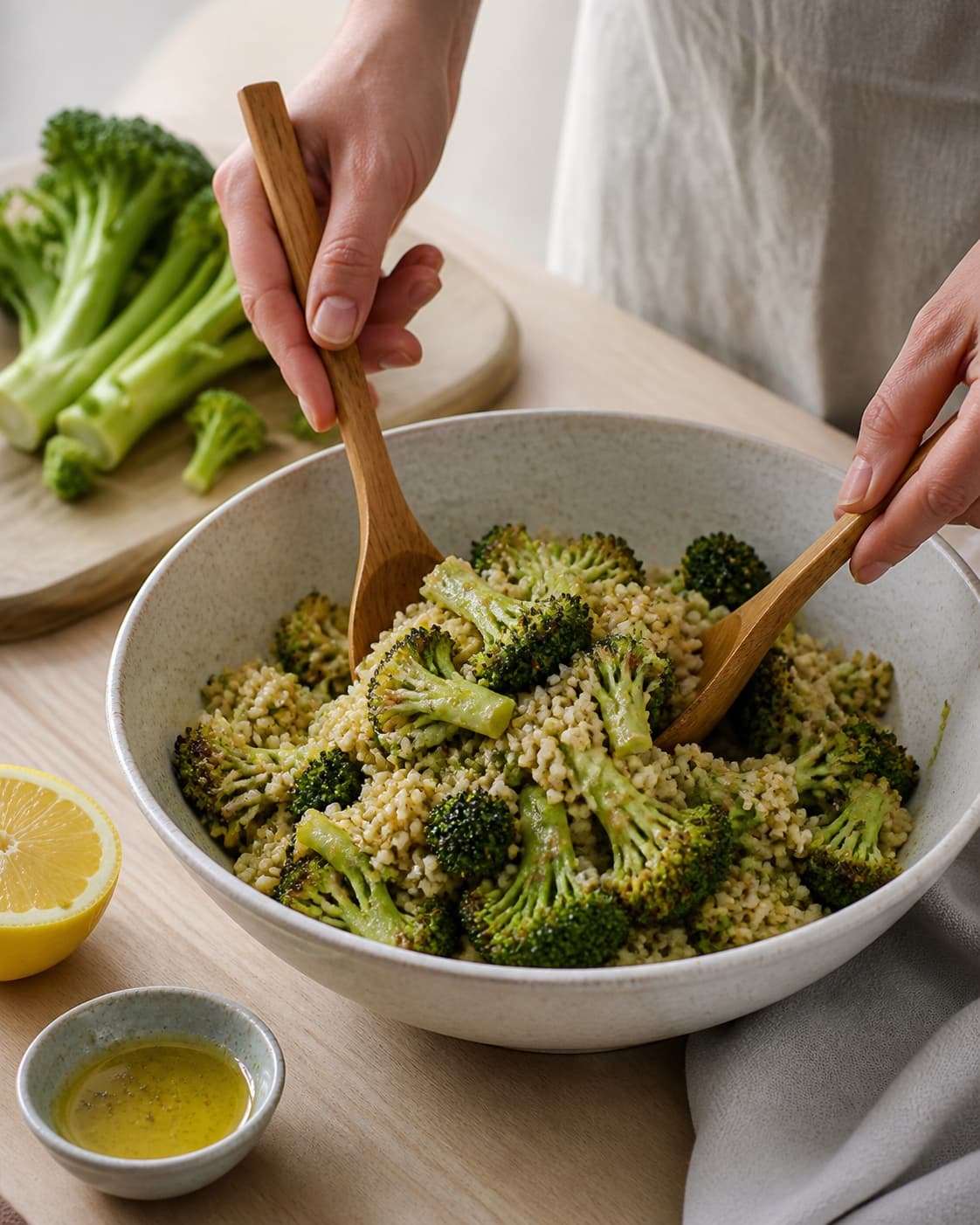 salat med stegt broccolistok og brune ris i soyadressing being gently combined without crushing the ingredients under tilberedningen af salat med stegt broccolistok og brune ris i soyadressing