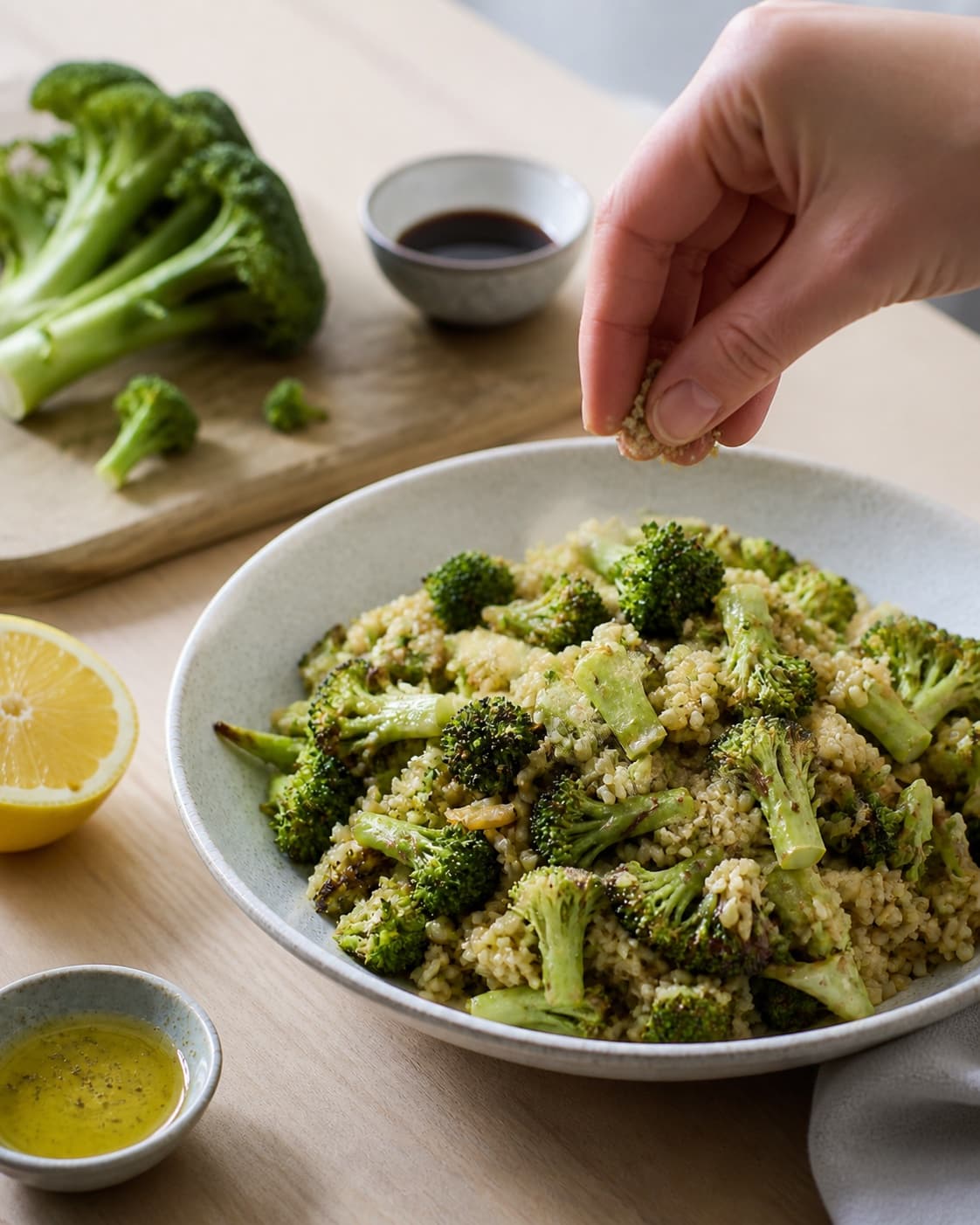 Fresh finished salat med stegt broccolistok og brune ris i soyadressing receiving its final garnish under tilberedningen af salat med stegt broccolistok og brune ris i soyadressing