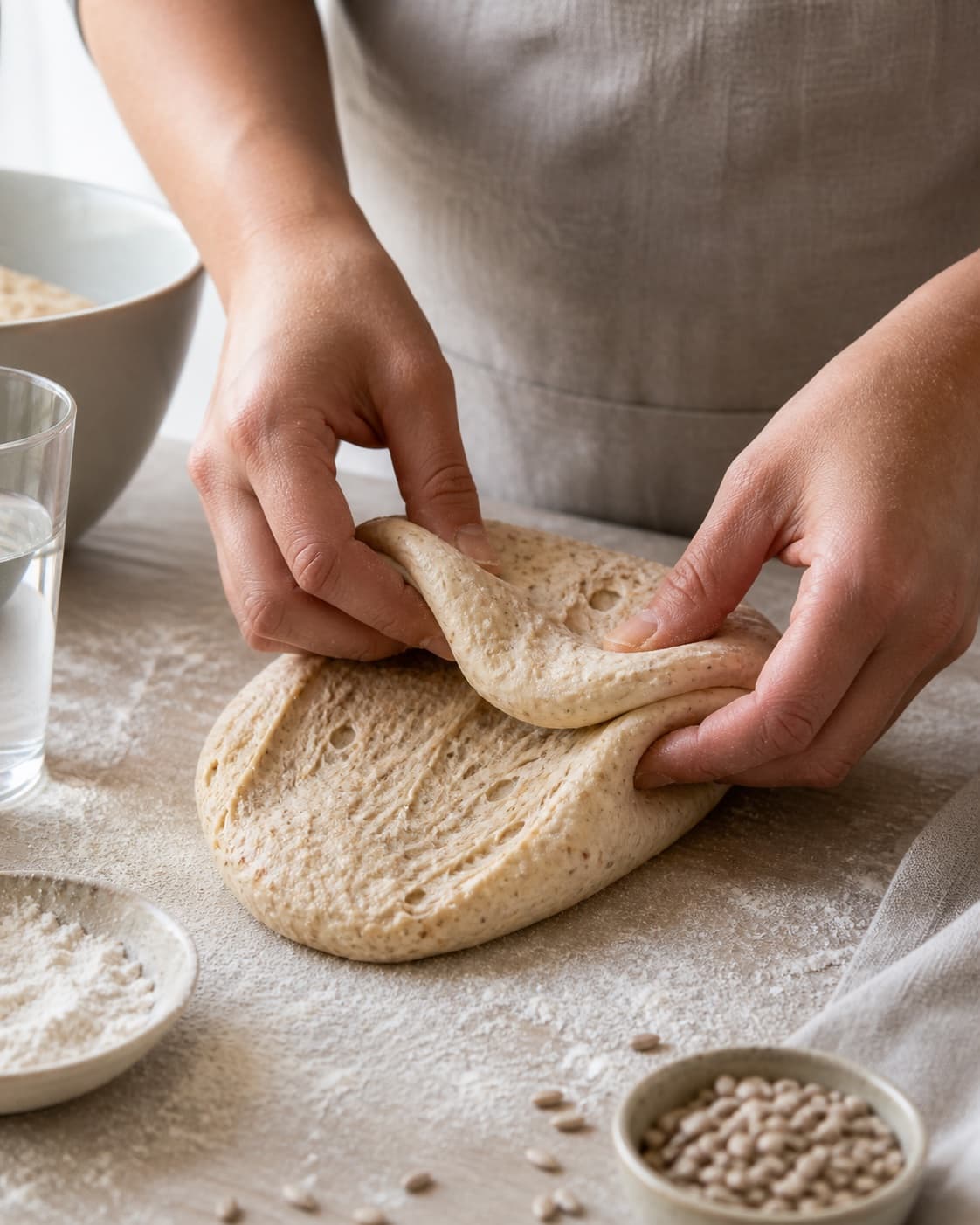 Hands gently folding elastic dough for brusebadsboller under tilberedningen af brusebadsboller