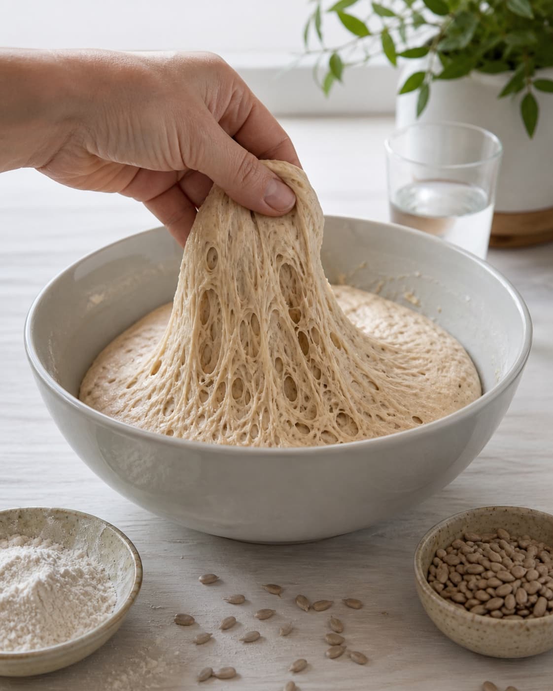Proofed airy dough for brusebadsboller with visible fermentation bubbles under tilberedningen af brusebadsboller