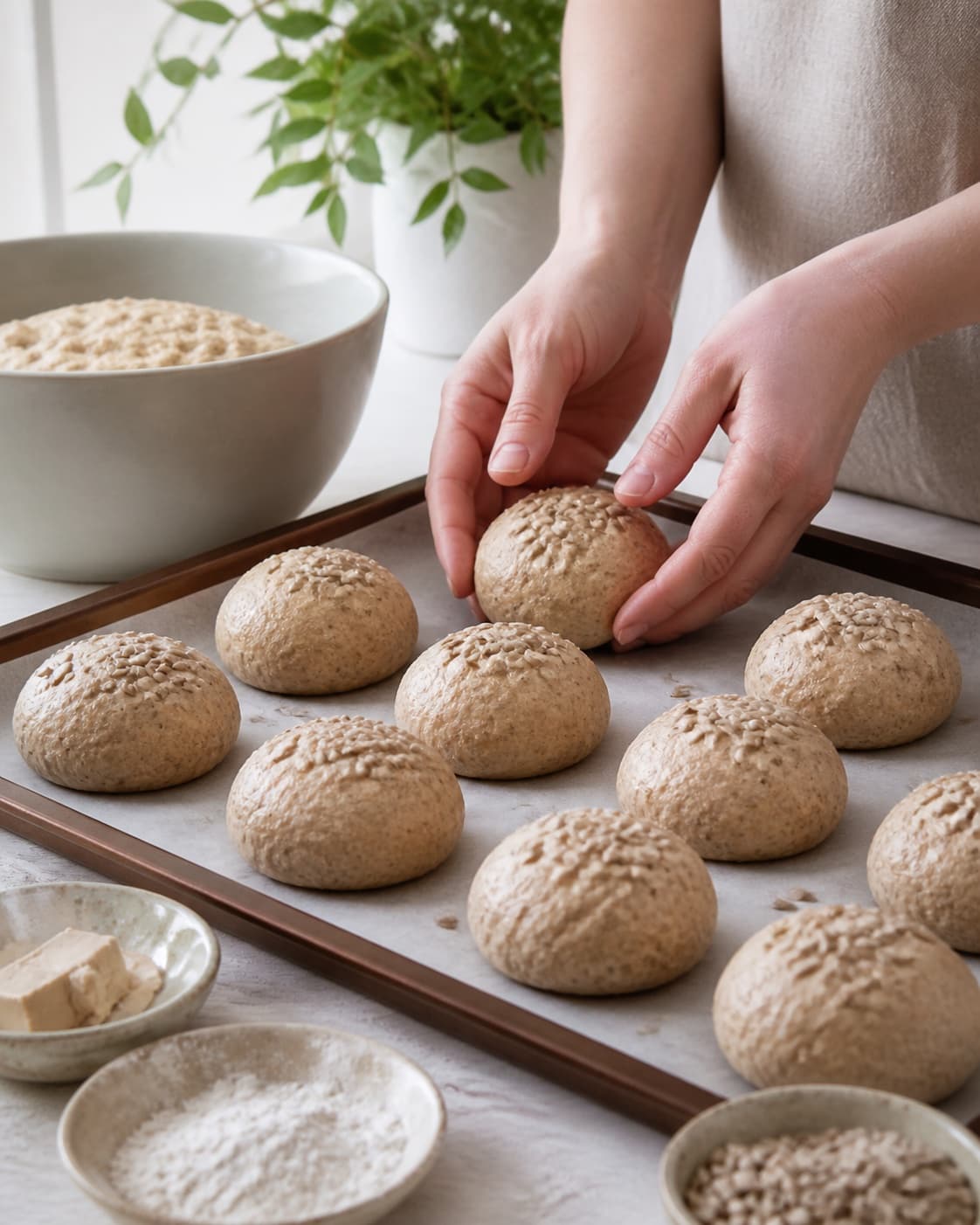 Even pieces of brusebadsboller being shaped before baking under tilberedningen af brusebadsboller