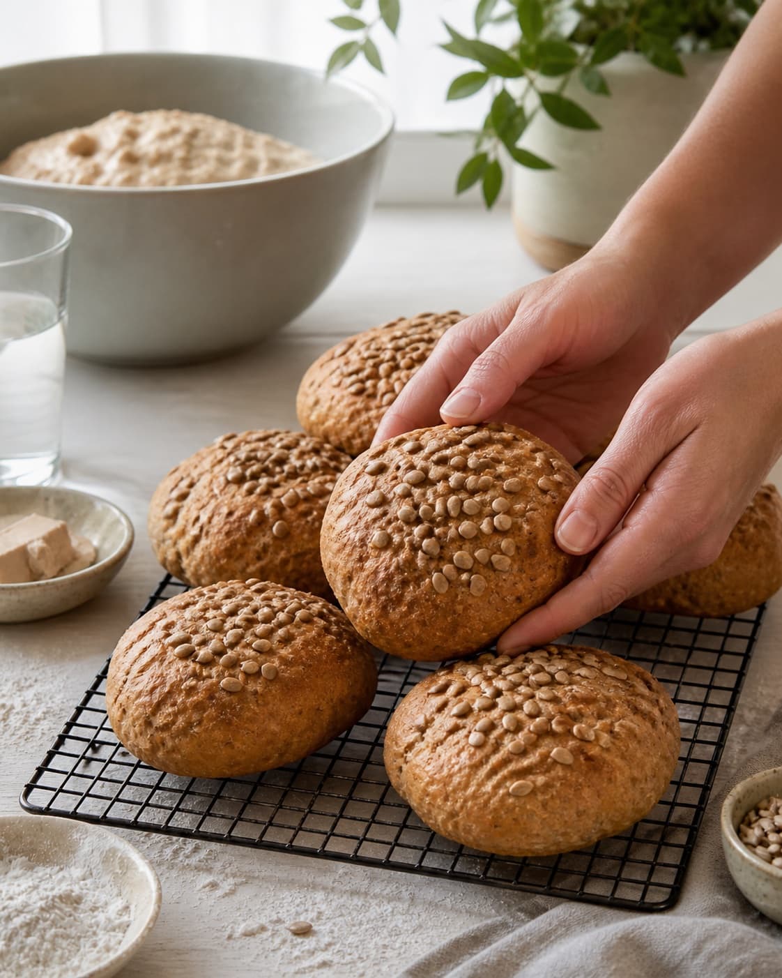 Golden baked brusebadsboller cooling on a wire rack under tilberedningen af brusebadsboller
