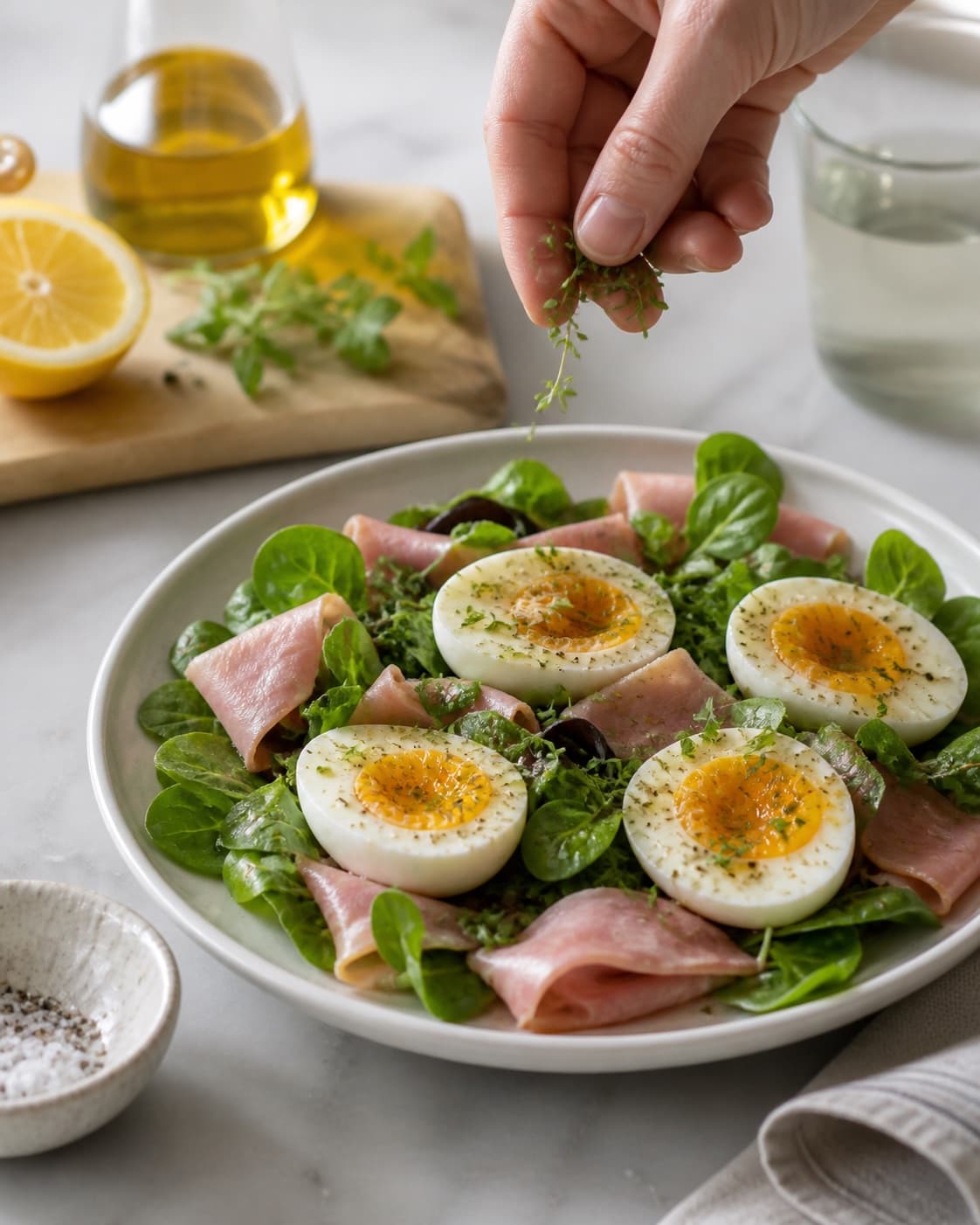 Clean prepared ingredients for simpel salat med æg with økologisk citron, ekstra jomfruolivenolie, friske krydderurter, fint salt under tilberedningen af simpel salat med æg