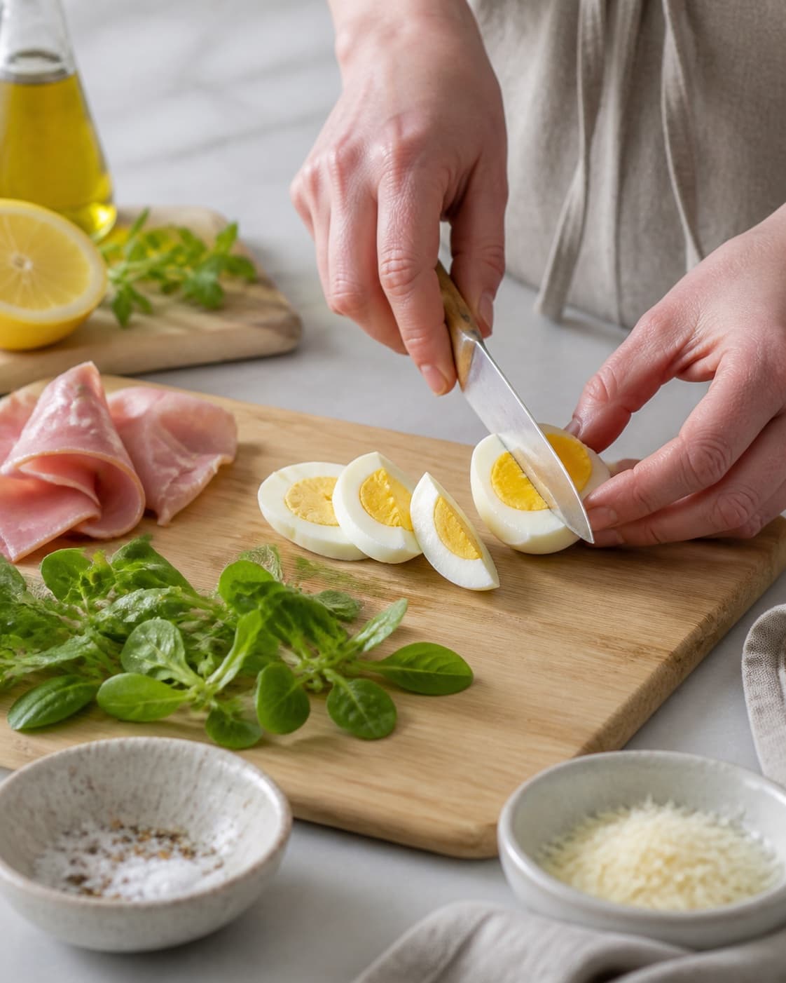 Ingredients for simpel salat med æg being cut into even pieces under tilberedningen af simpel salat med æg