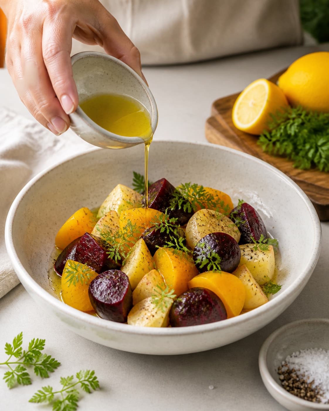 Clean prepared ingredients for salat med gule beder with gule beder, økologisk citron, ekstra jomfruolivenolie, friske krydderurter under tilberedningen af salat med gule beder