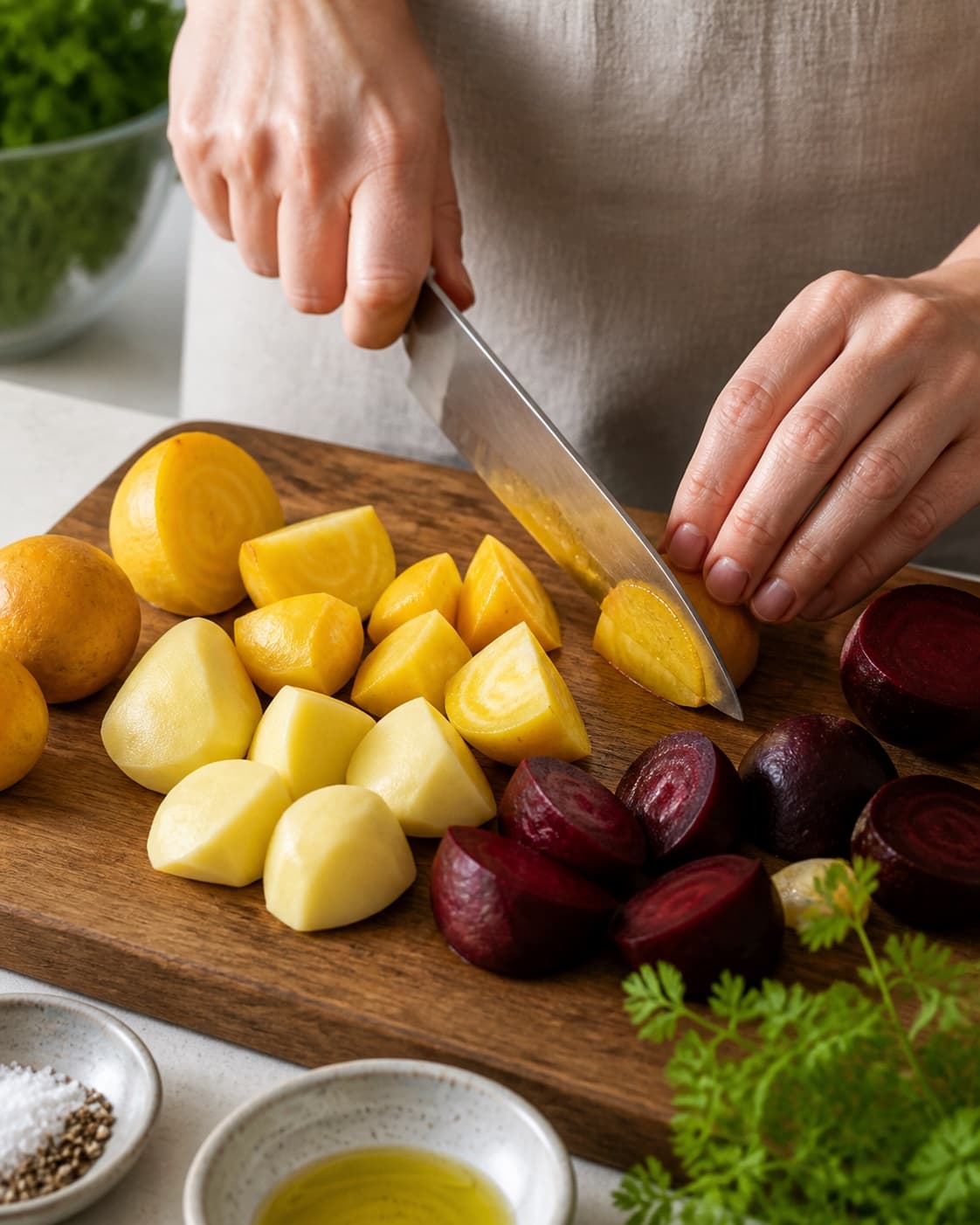 Ingredients for salat med gule beder being cut into even pieces under tilberedningen af salat med gule beder