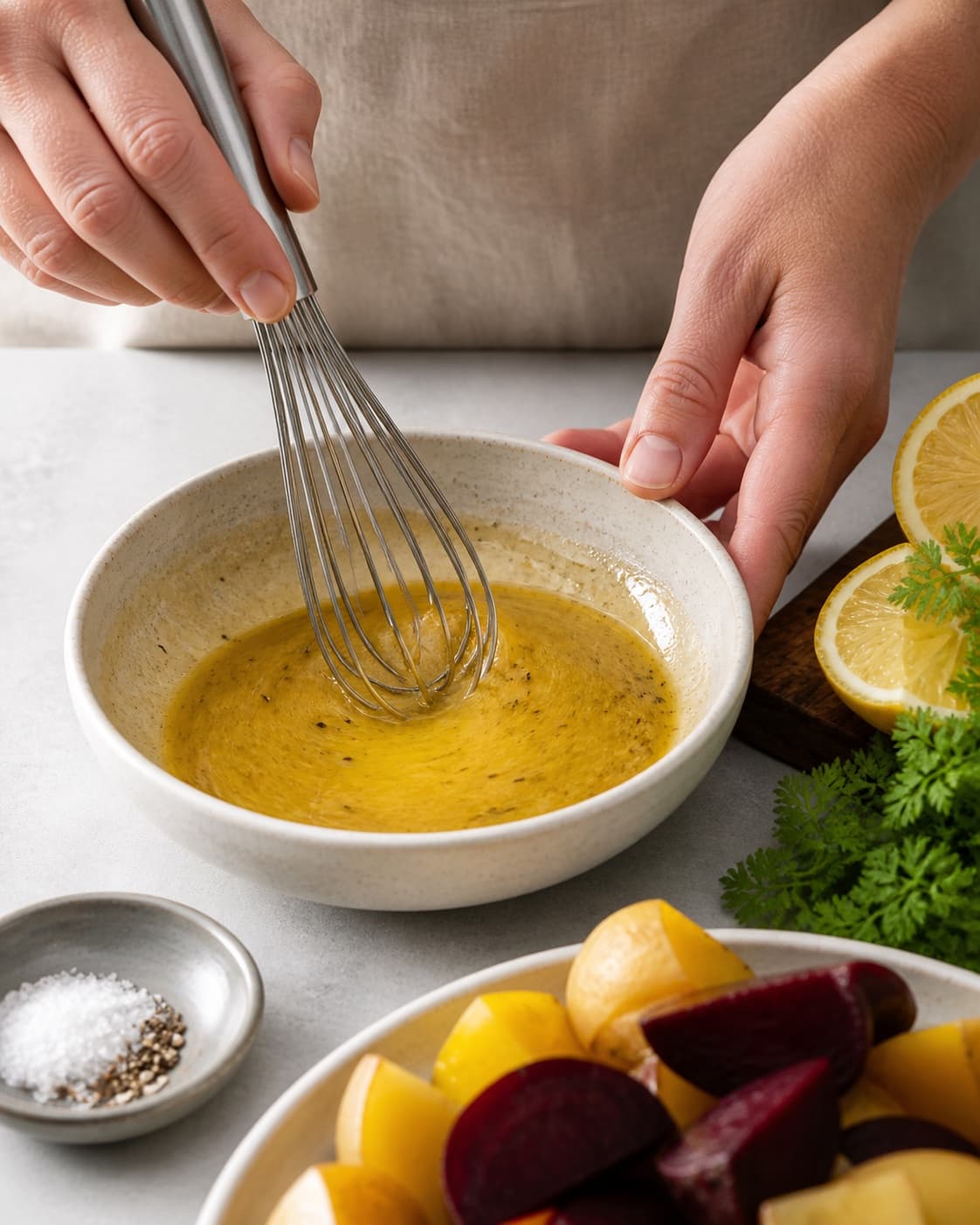 Dressing for salat med gule beder being whisked until glossy under tilberedningen af salat med gule beder