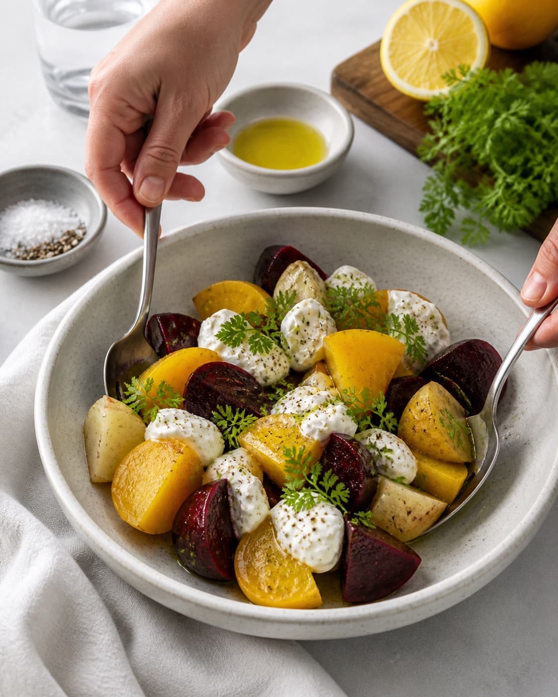 salat med gule beder being gently combined without crushing the ingredients under tilberedningen af salat med gule beder