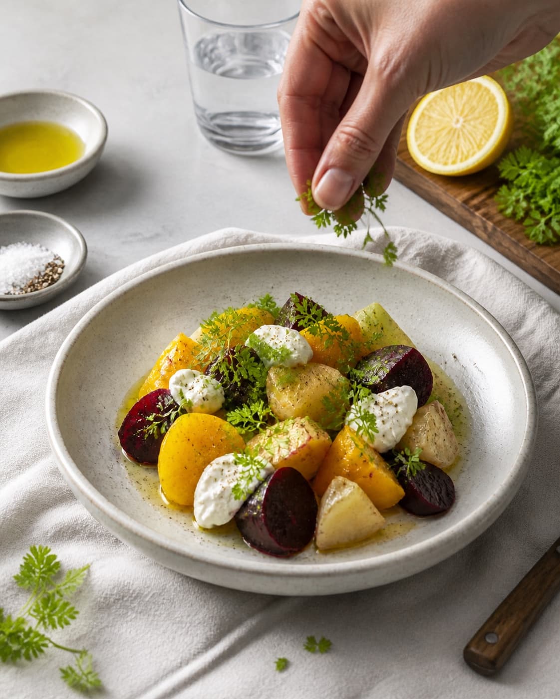 Fresh finished salat med gule beder receiving its final garnish under tilberedningen af salat med gule beder