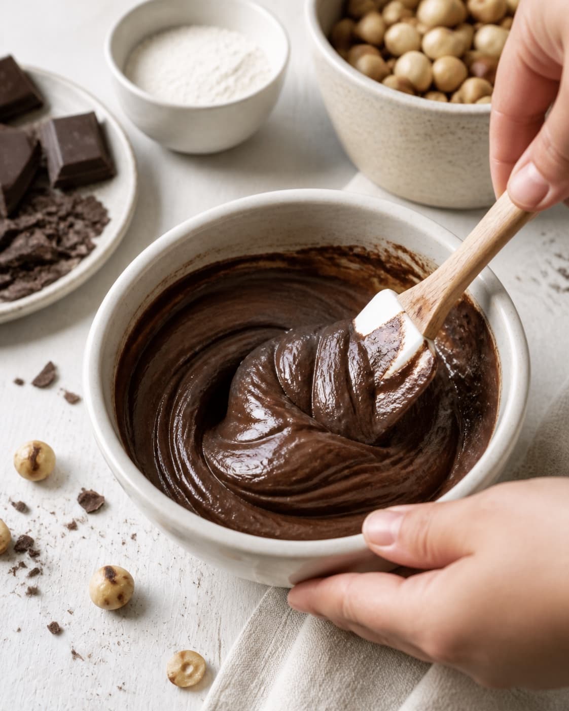 The batter or dough for hasselnøddesmør med chokolade being gently combined under tilberedningen af hasselnøddesmør med chokolade