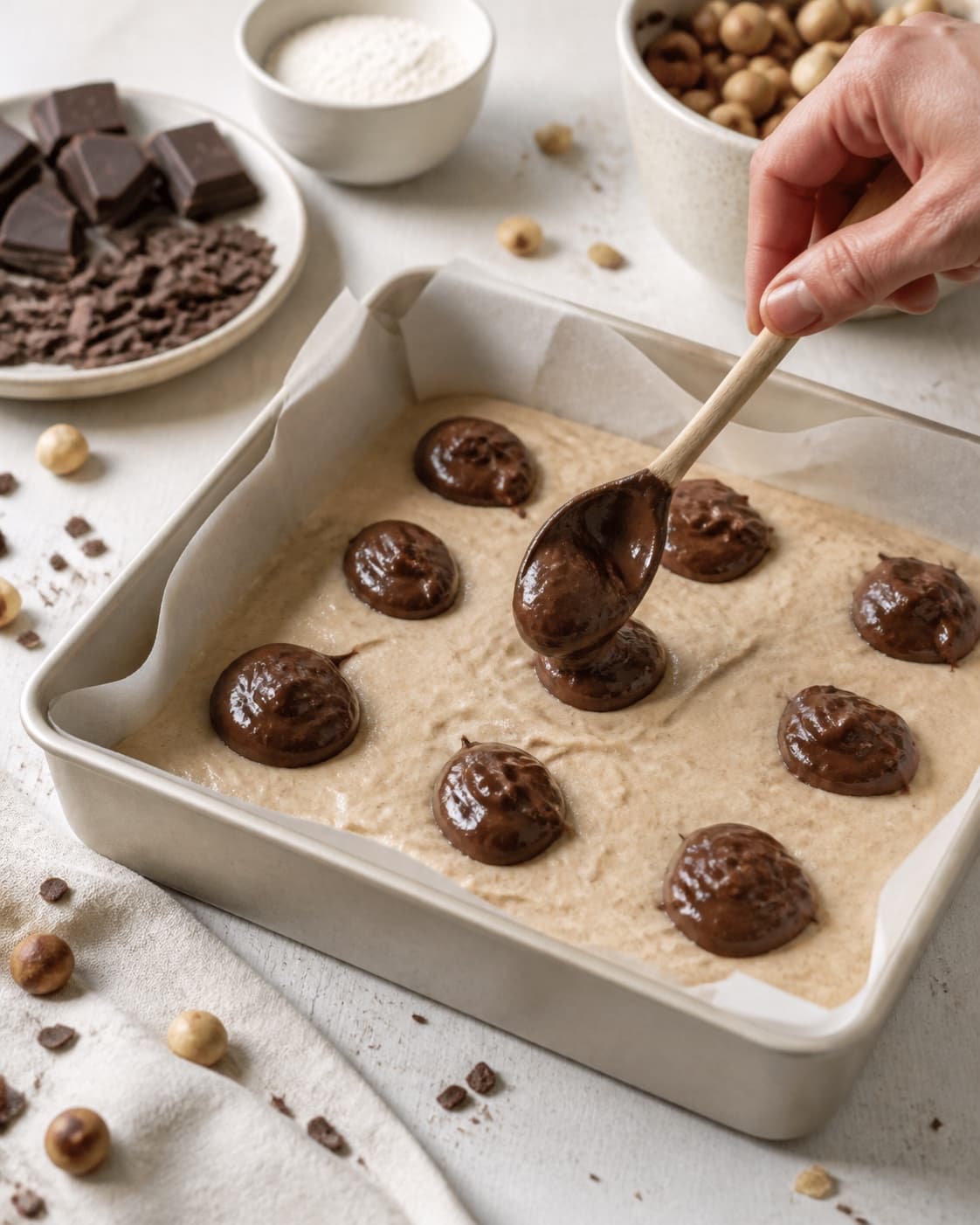hasselnøddesmør med chokolade being portioned evenly before baking under tilberedningen af hasselnøddesmør med chokolade