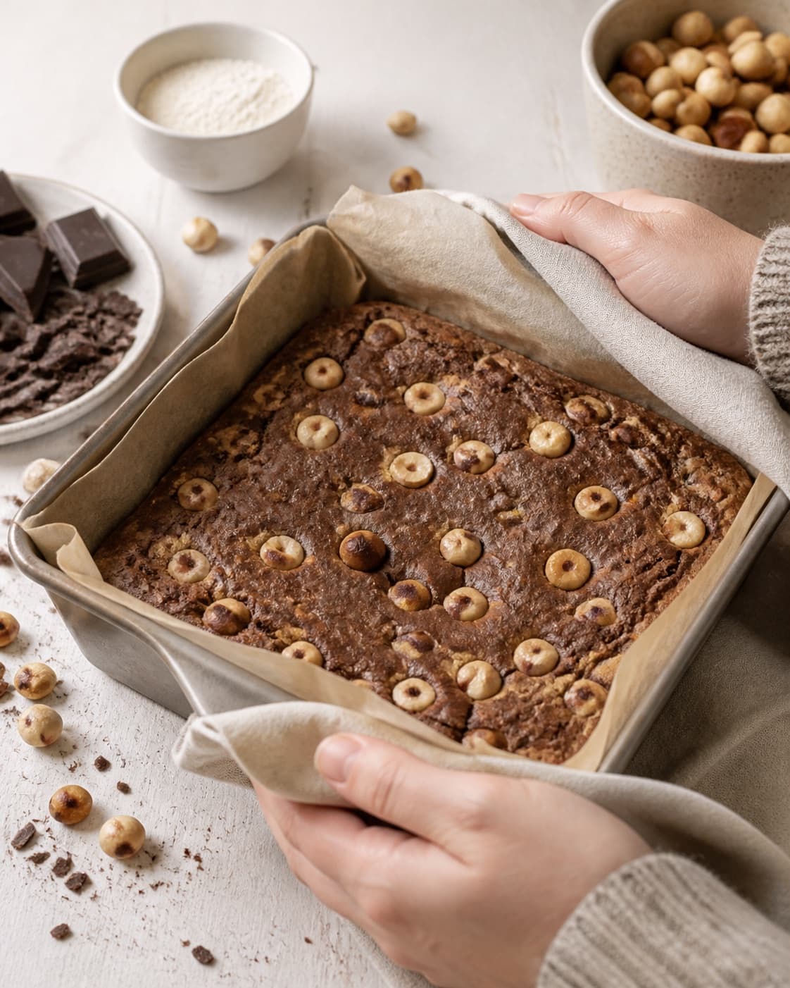 hasselnøddesmør med chokolade baking until golden with a visibly set centre under tilberedningen af hasselnøddesmør med chokolade