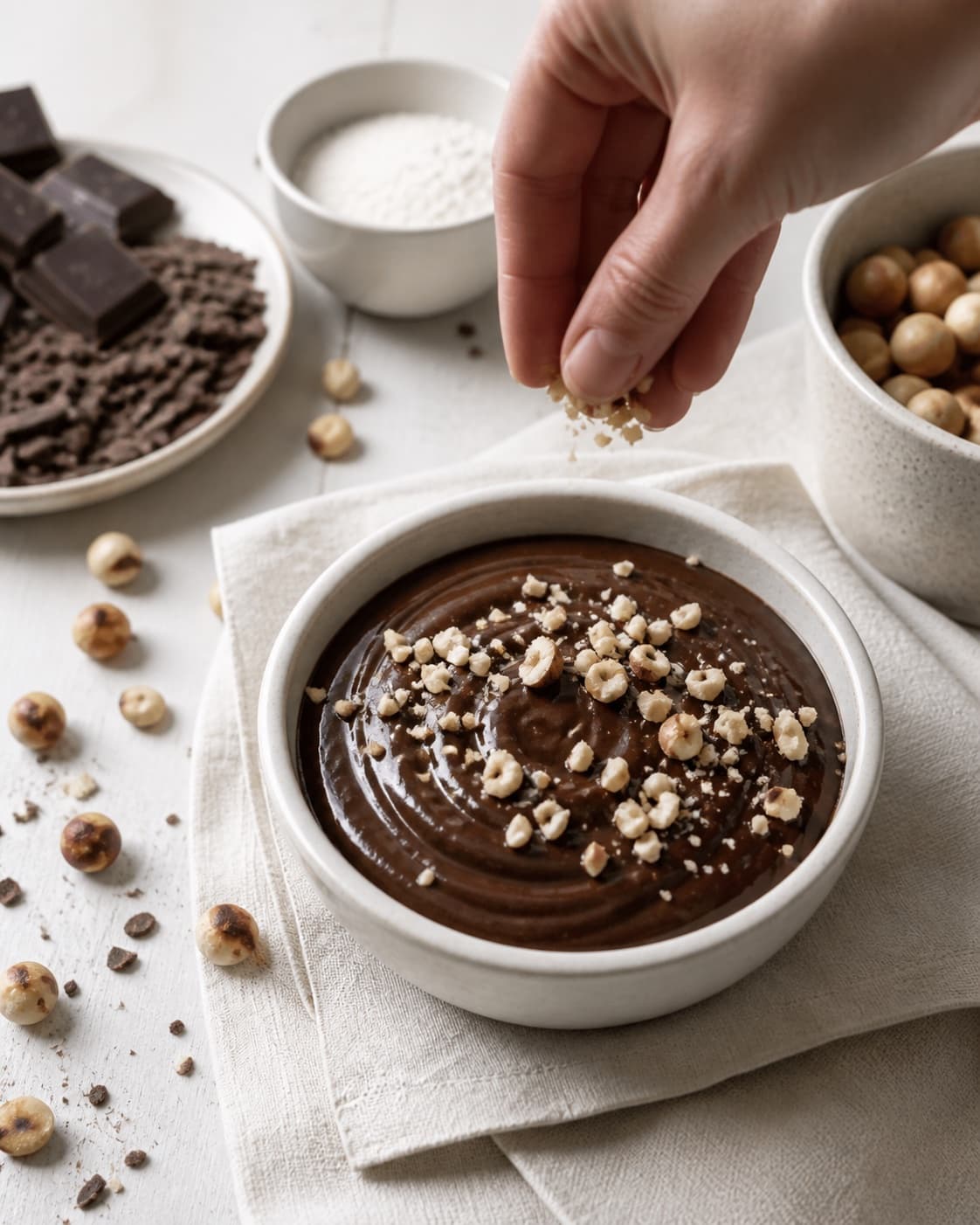 Finished hasselnøddesmør med chokolade receiving its final garnish after cooling under tilberedningen af hasselnøddesmør med chokolade