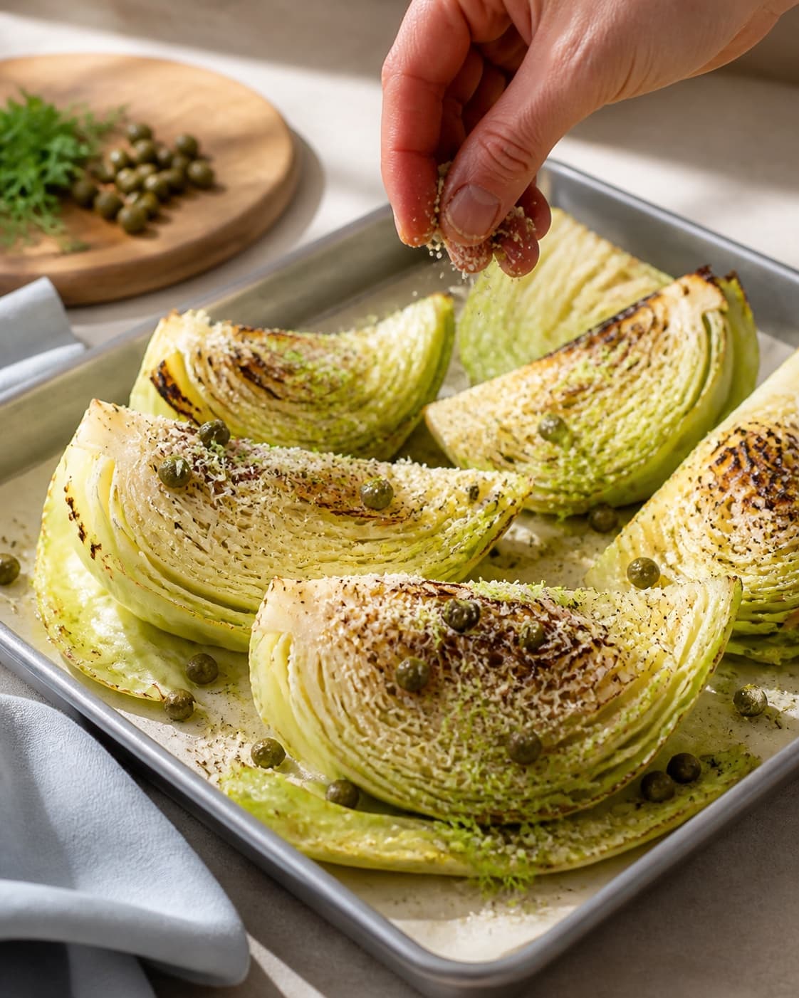 stegt spidskål being evenly seasoned before roasting under tilberedningen af stegt spidskål