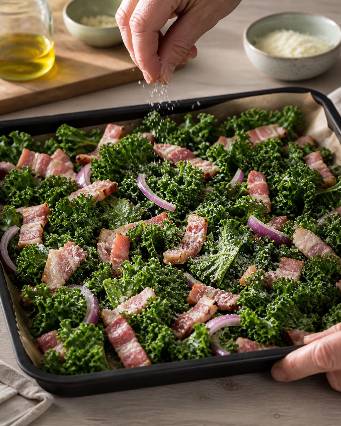 salat med stegt grønkål og bacon being evenly seasoned before roasting under tilberedningen af salat med stegt grønkål og bacon