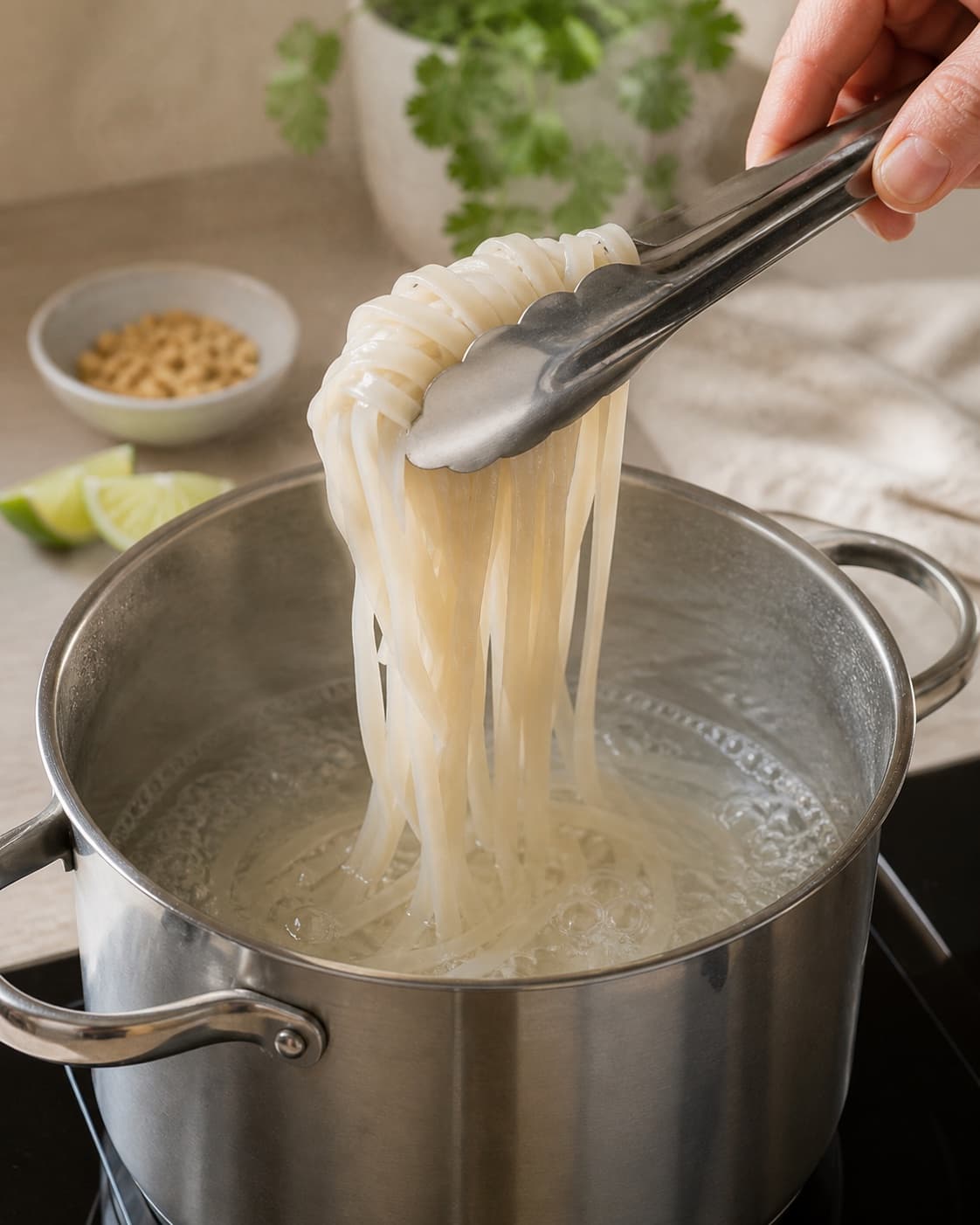 Pasta for pad thai med rejer being lifted from boiling water under tilberedningen af pad thai med rejer