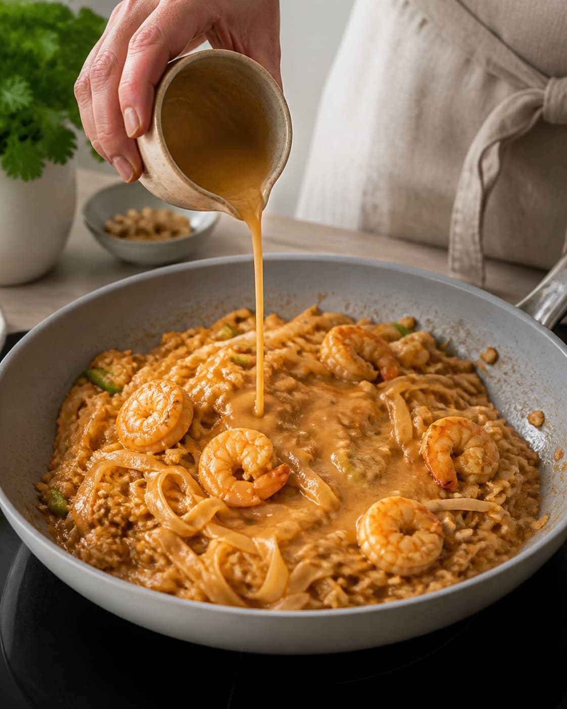 pad thai med rejer being emulsified in a broad pan under tilberedningen af pad thai med rejer