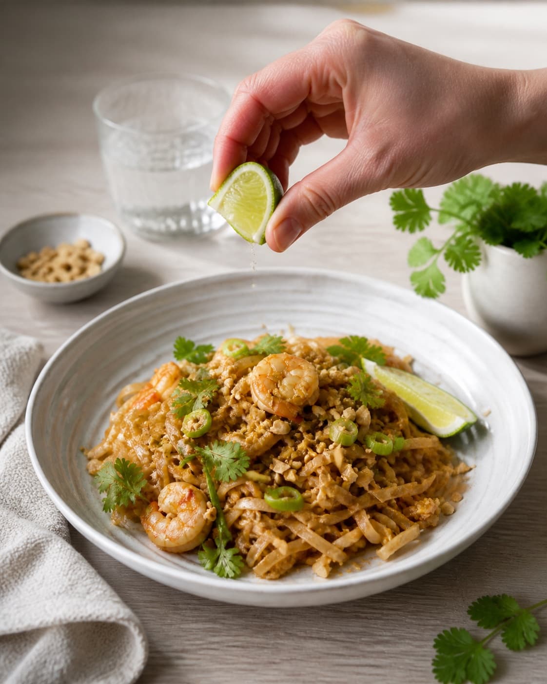Finished pad thai med rejer plated immediately with restrained garnish under tilberedningen af pad thai med rejer