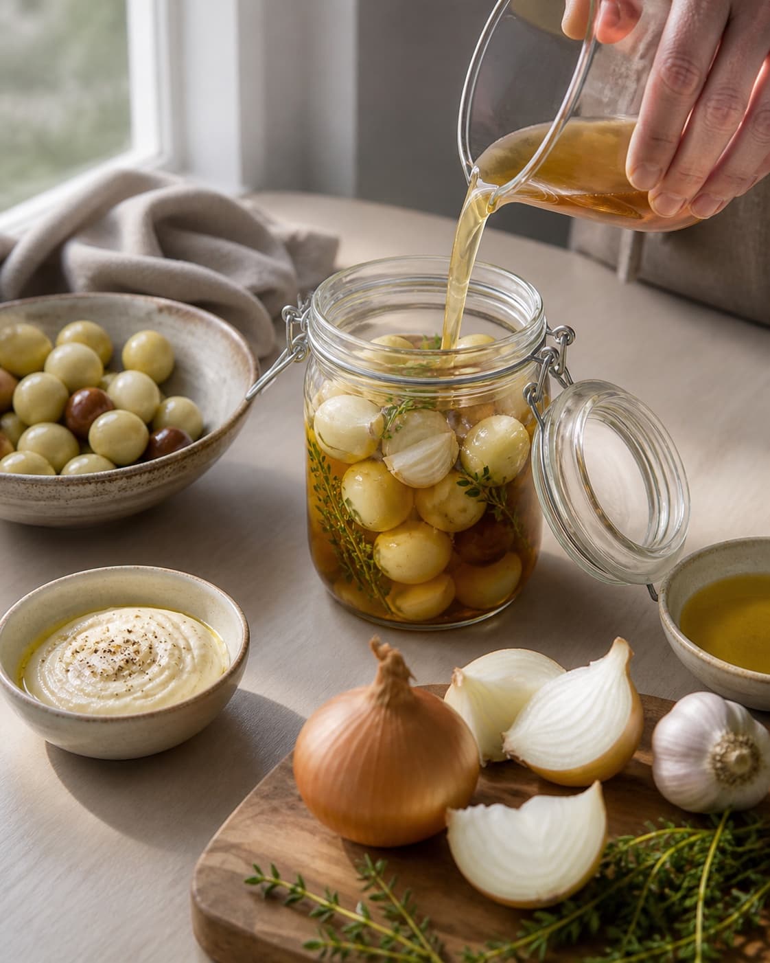 Mise en place for syltede vagtelæg med dip with zittauerløg, hvidløg, grøntsags- eller kødfond, rapsolie under tilberedningen af syltede vagtelæg med dip