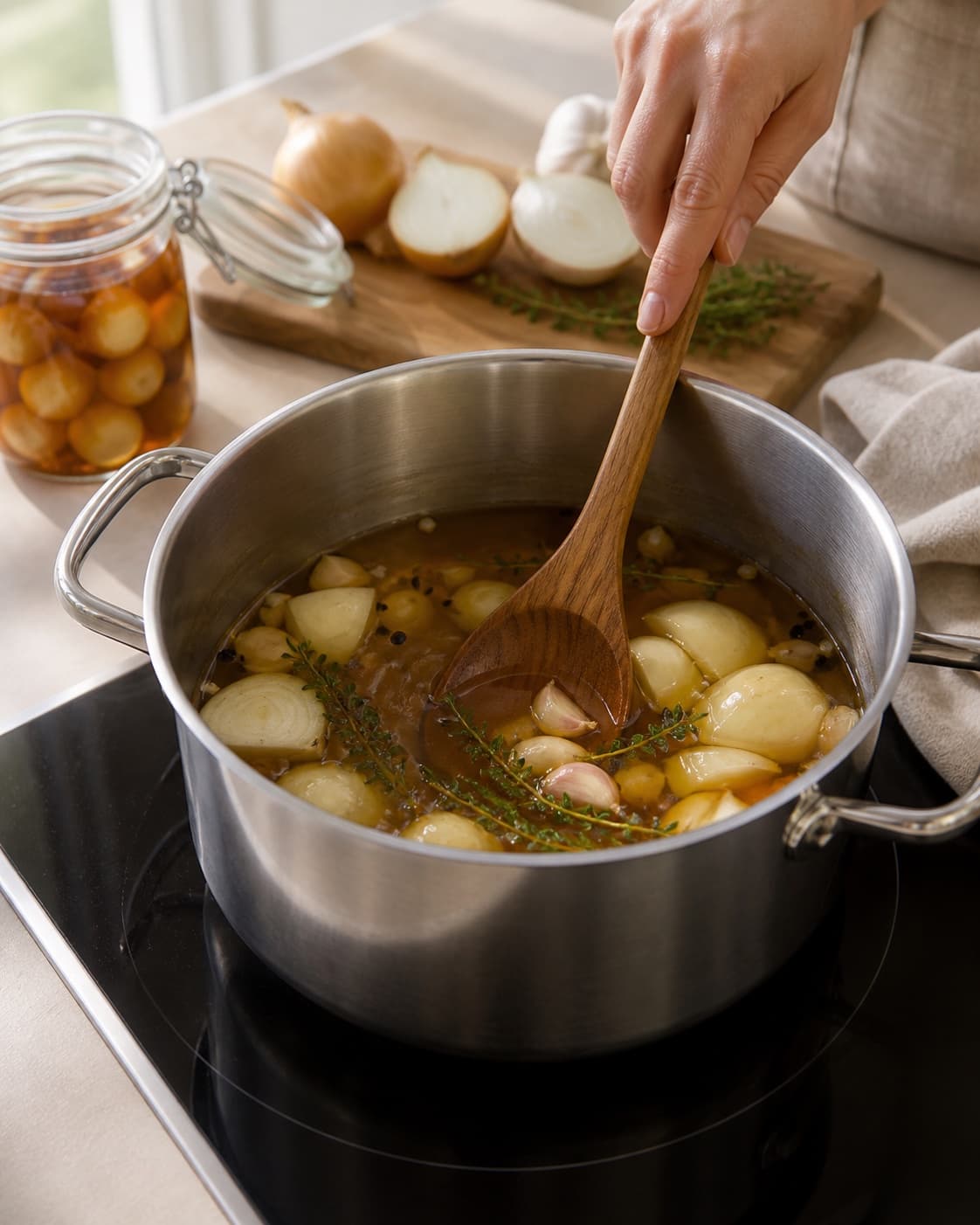 Aromatic base for syltede vagtelæg med dip gently cooking in a pot under tilberedningen af syltede vagtelæg med dip