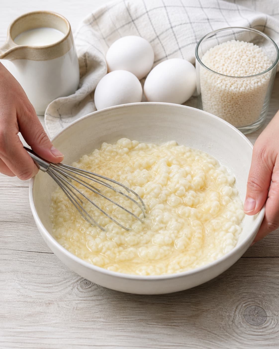 Prepared mixture for klatkager af risengrød with kold risengrød, æg, grødris, sødmælk under tilberedningen af klatkager af risengrød
