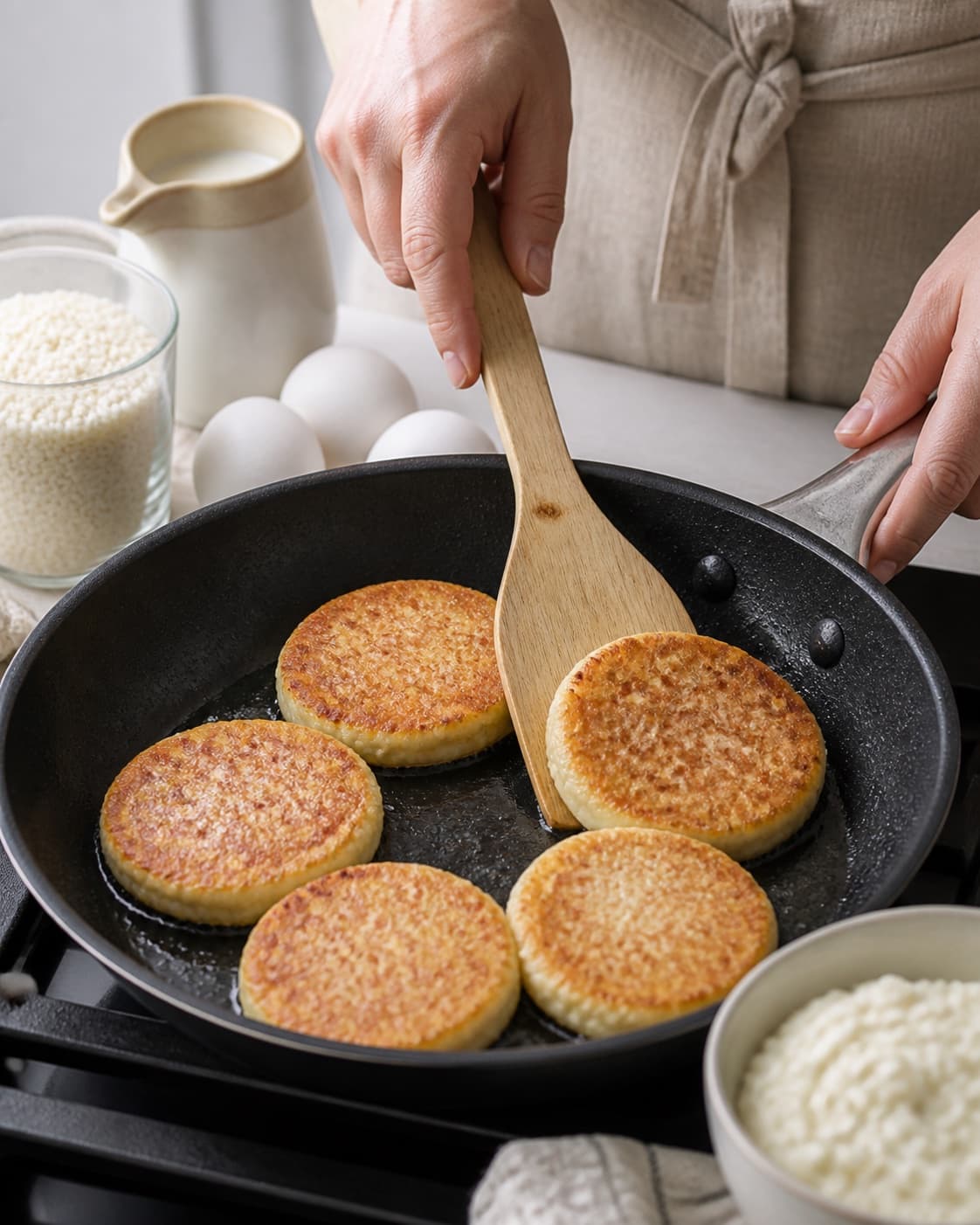 klatkager af risengrød frying to an even golden crust in a pan under tilberedningen af klatkager af risengrød