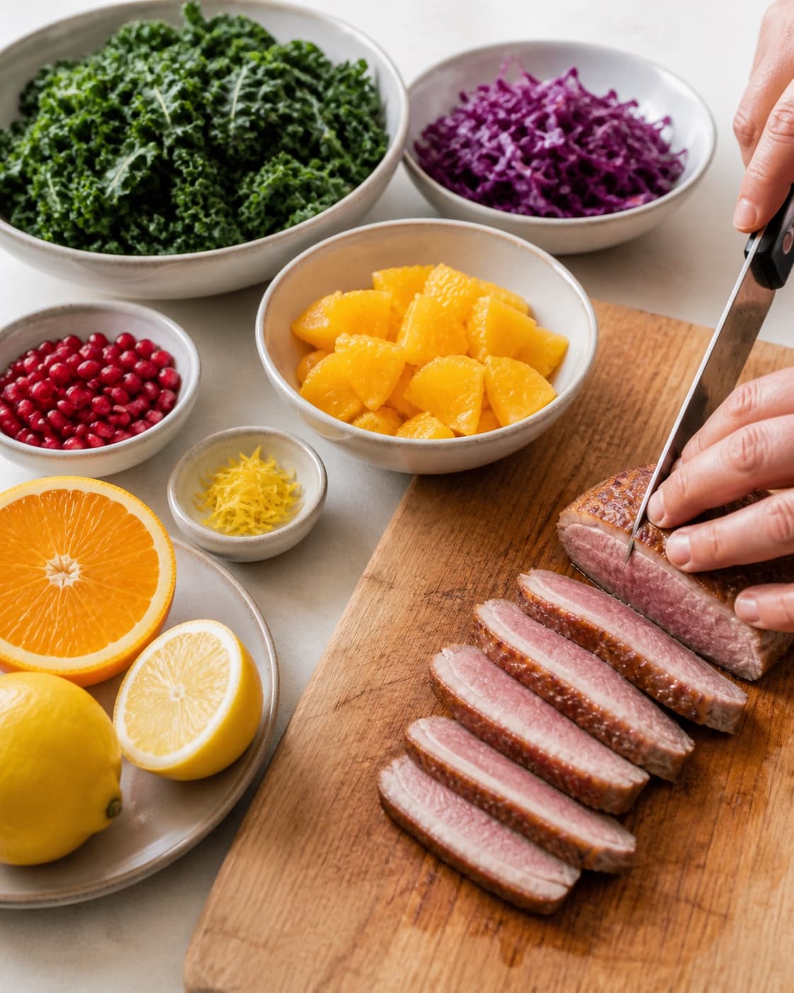 Clean prepared ingredients for salat med and og appelsin with grønkål, økologisk appelsin, andebryster, økologisk citron under tilberedningen af salat med and og appelsin
