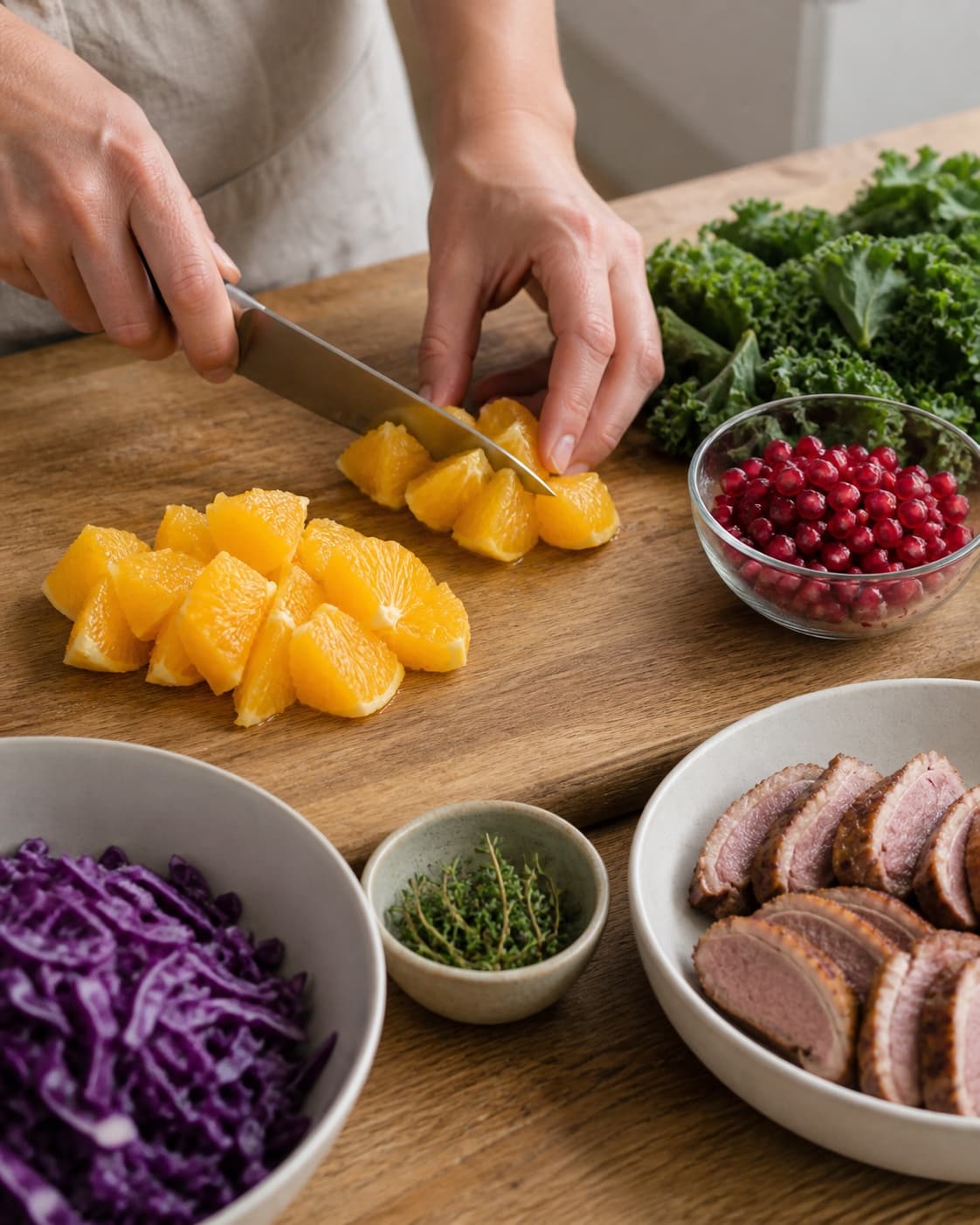Ingredients for salat med and og appelsin being cut into even pieces under tilberedningen af salat med and og appelsin