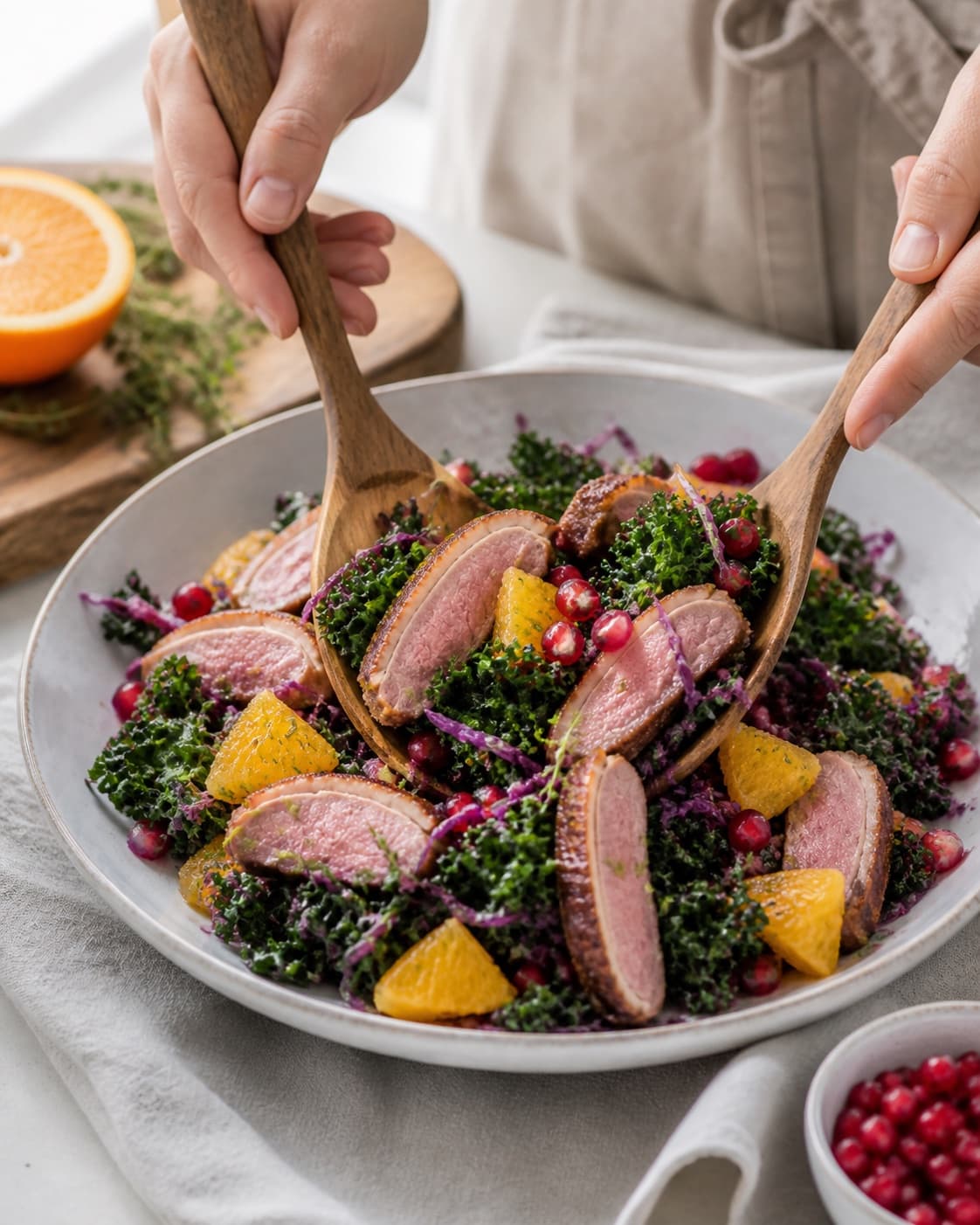 salat med and og appelsin being gently combined without crushing the ingredients under tilberedningen af salat med and og appelsin