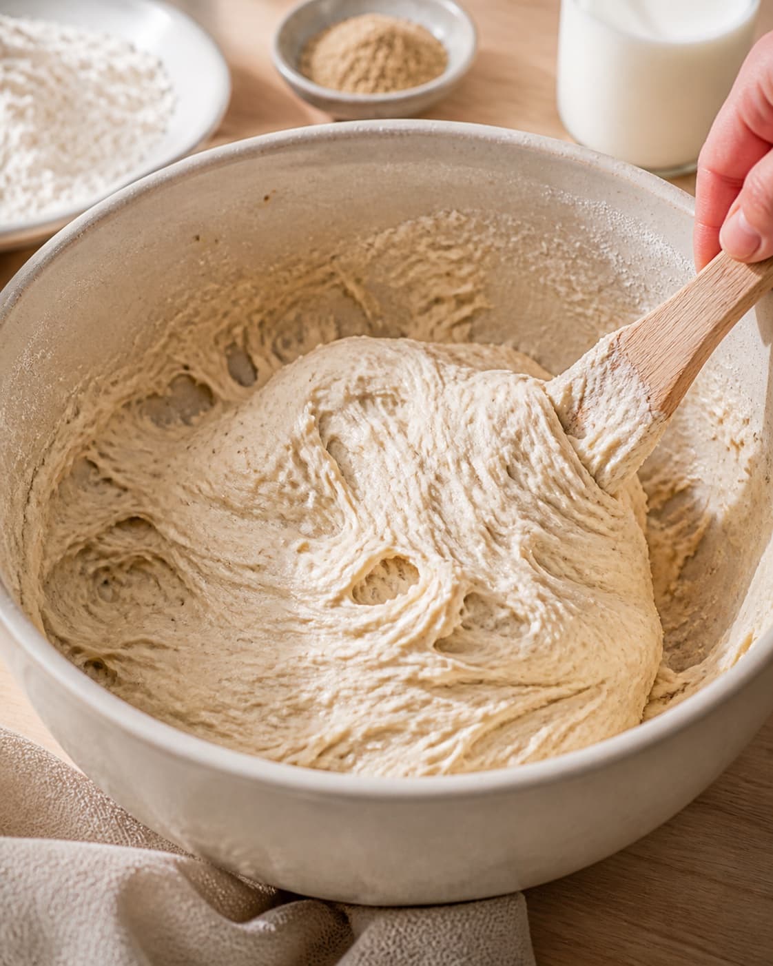 Close view of the moist dough for kardemommesnurrer being mixed in a bowl with stødt kardemomme, hvedemel, sødmælk, gær under tilberedningen af kardemommesnurrer
