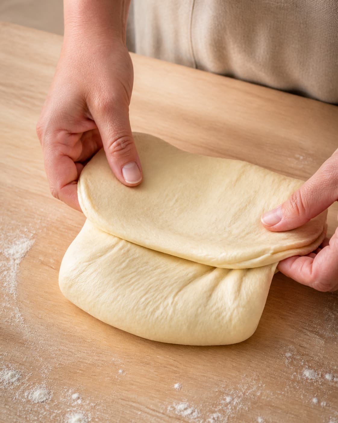 Hands gently folding elastic dough for kardemommesnurrer under tilberedningen af kardemommesnurrer