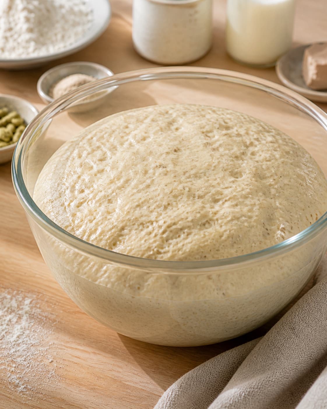Proofed airy dough for kardemommesnurrer with visible fermentation bubbles under tilberedningen af kardemommesnurrer