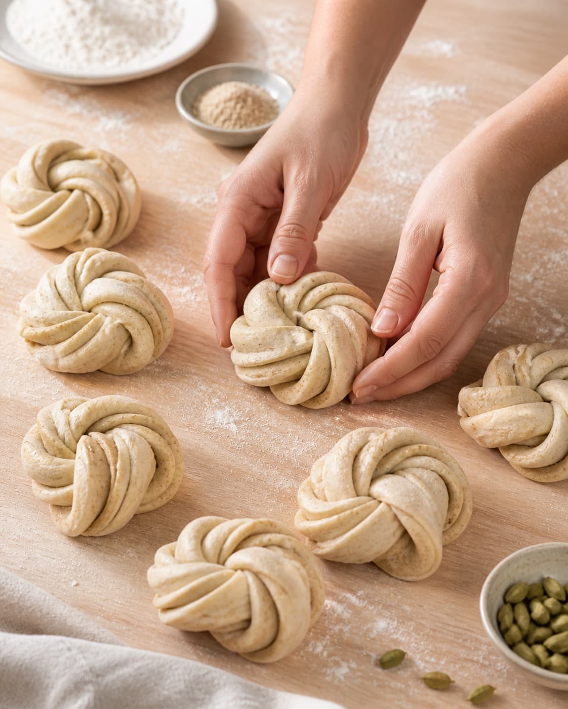 Even pieces of kardemommesnurrer being shaped before baking under tilberedningen af kardemommesnurrer