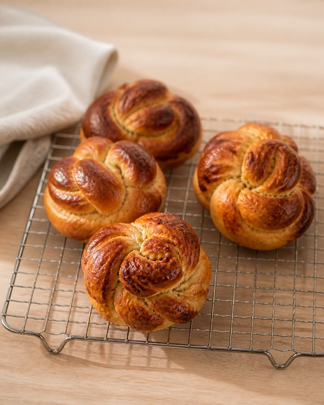 Golden baked kardemommesnurrer cooling on a wire rack under tilberedningen af kardemommesnurrer