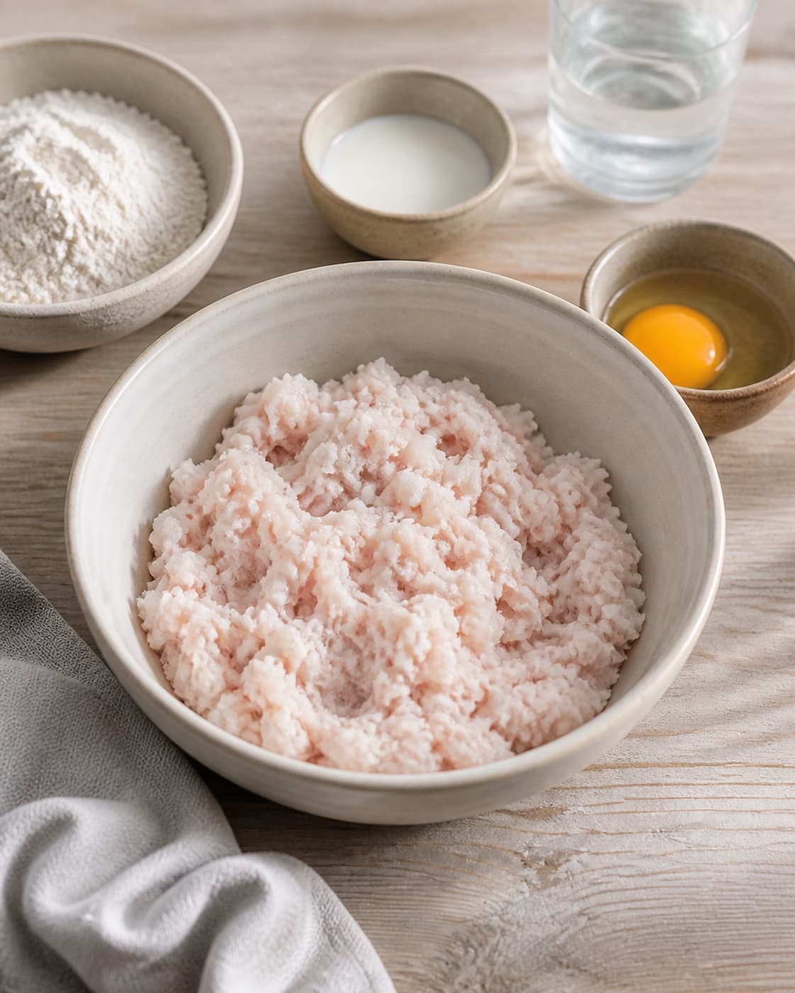 Prepared mixture for fiskefrikadeller with torskefars, æg, sødmælk, hvedemel under tilberedningen af fiskefrikadeller