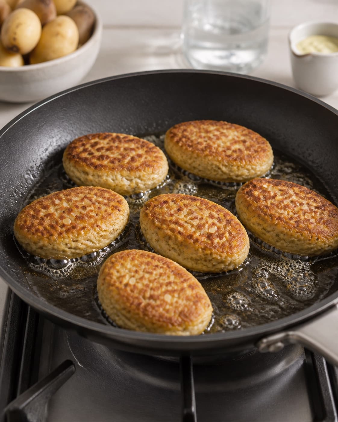 fiskefrikadeller frying to an even golden crust in a pan under tilberedningen af fiskefrikadeller