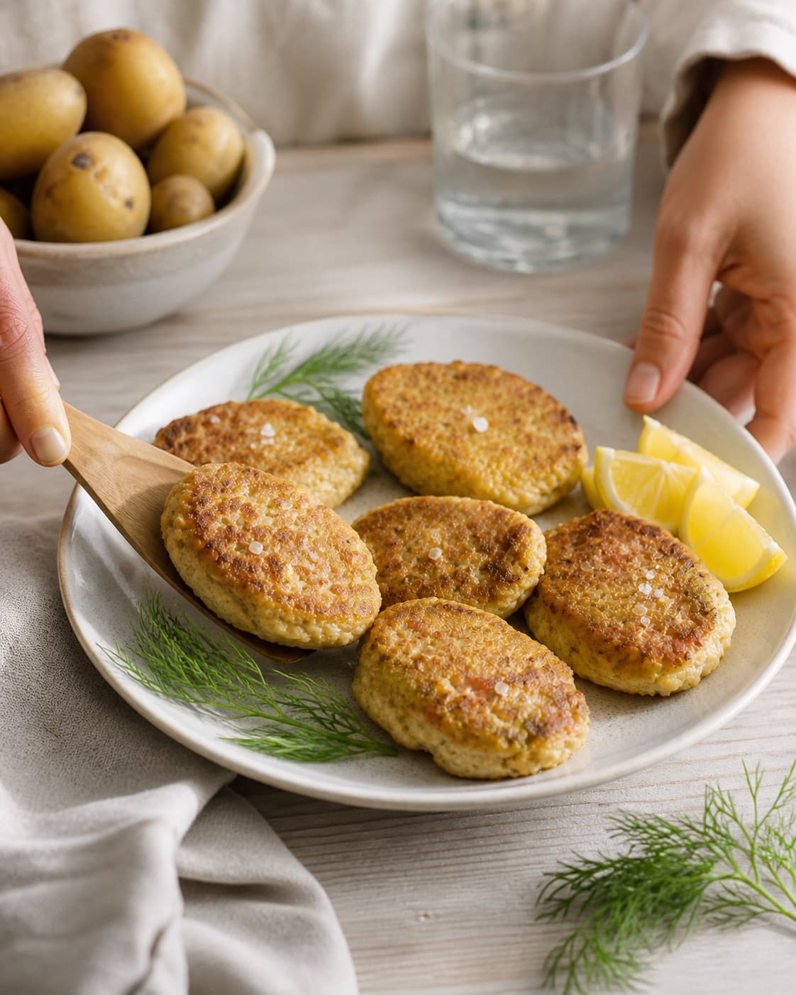 Golden fiskefrikadeller resting briefly before serving under tilberedningen af fiskefrikadeller