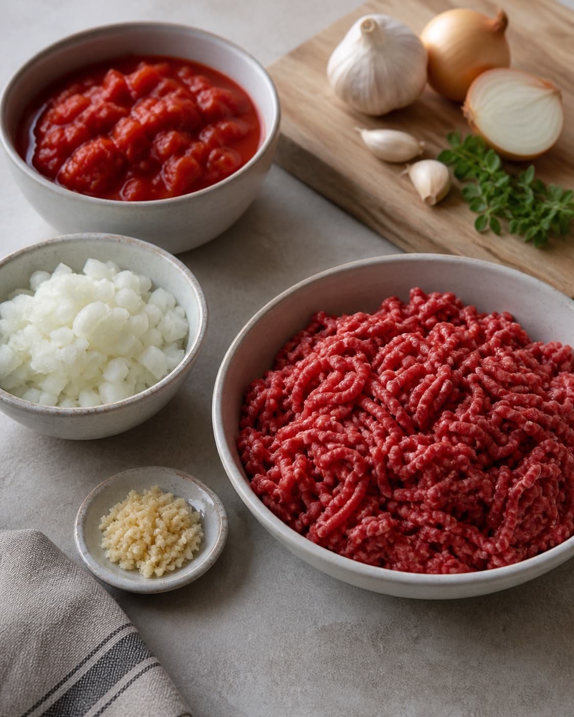 Mise en place for pasta med hjemmelavet kødsauce with hakket oksekød, hakkede tomater, zittauerløg, hvidløg under tilberedningen af pasta med hjemmelavet kødsauce