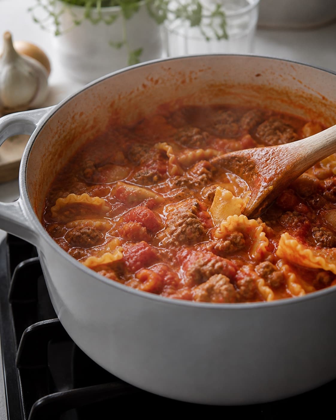 pasta med hjemmelavet kødsauce gently simmering with visible ingredients under tilberedningen af pasta med hjemmelavet kødsauce