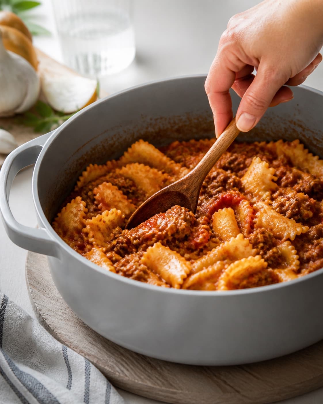 The texture of pasta med hjemmelavet kødsauce being adjusted in the pot under tilberedningen af pasta med hjemmelavet kødsauce